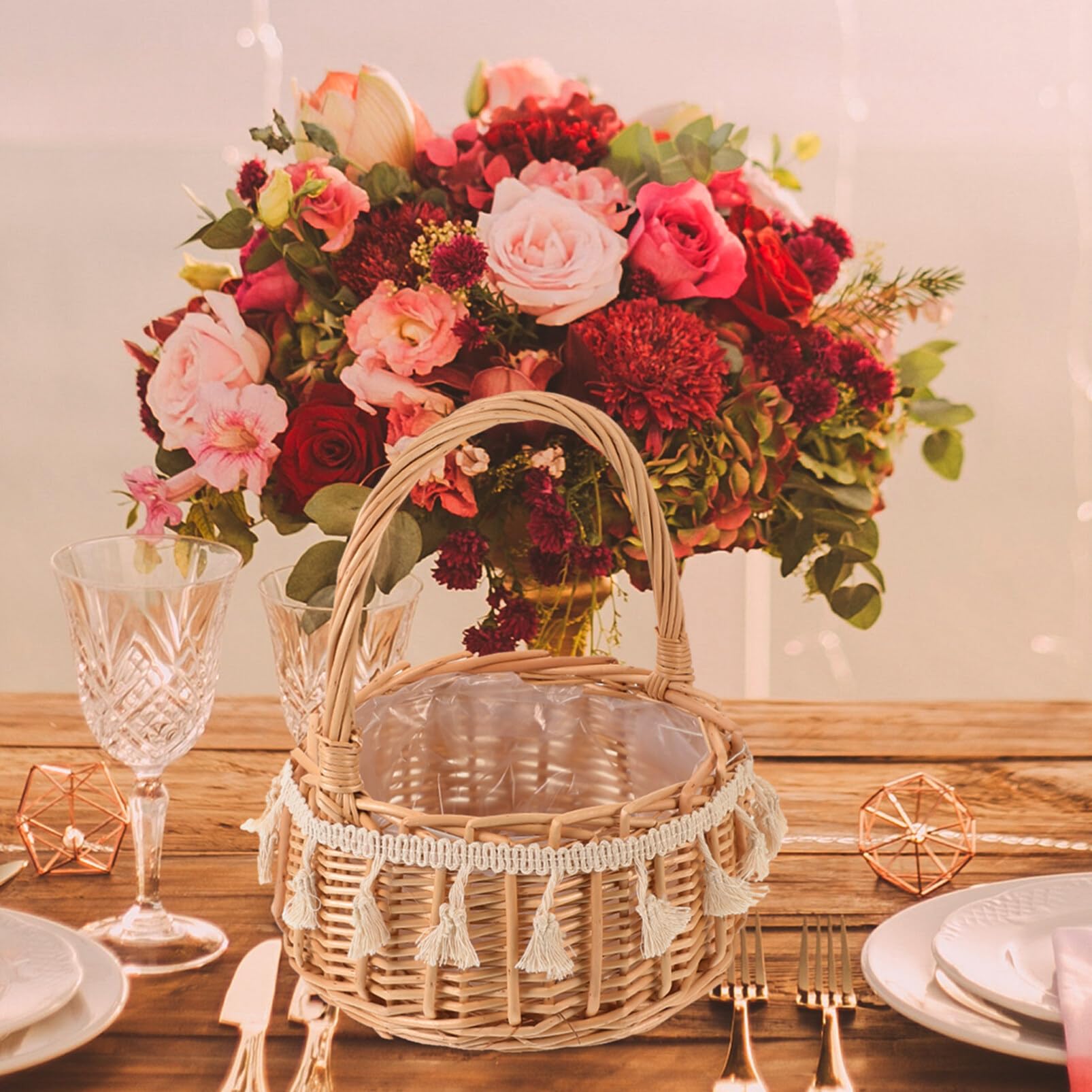 Cabilock Blumenkorb Hochzeit Rattan Weidenkorb Für Blumenmädchen Mit Henkel Eleganter Fotografie Requisitenkorb Für Hochzeitszeremonie Und Partydekoration