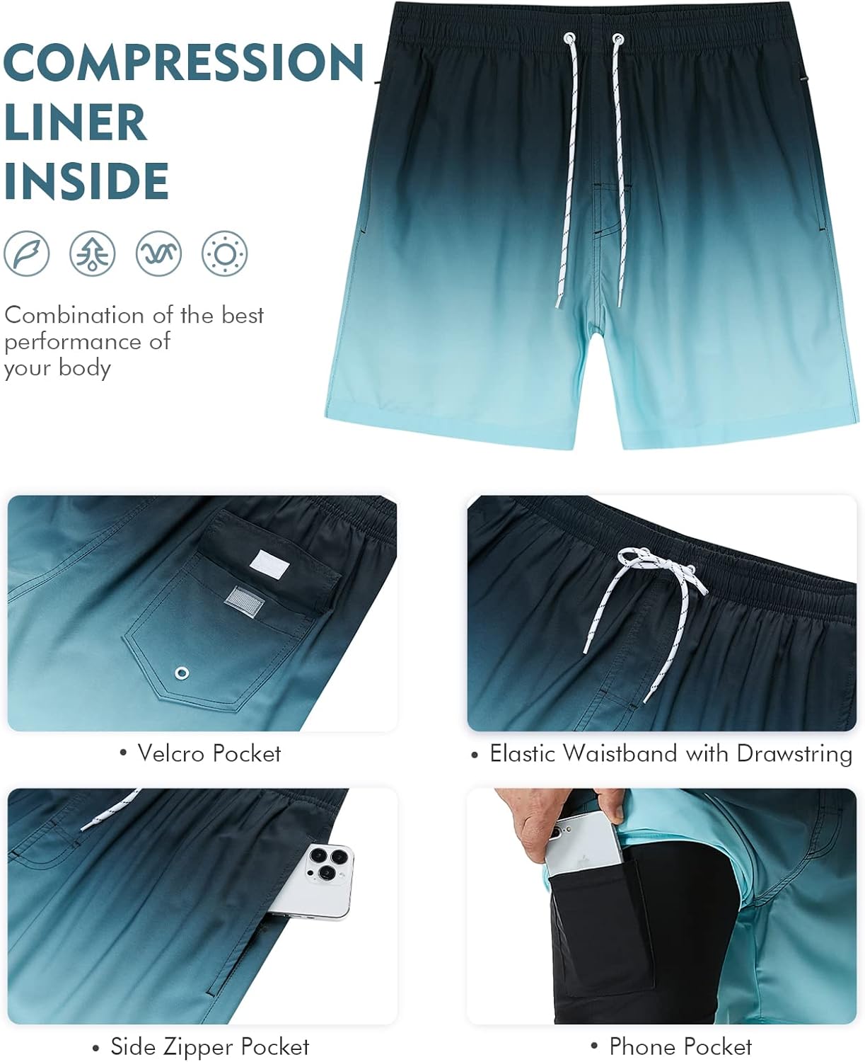 SILKWORLD Mens Swimming Trunks with Compression Liner Quick Dry 5 inch Swim Shorts with Zipper Pockets - Image 4