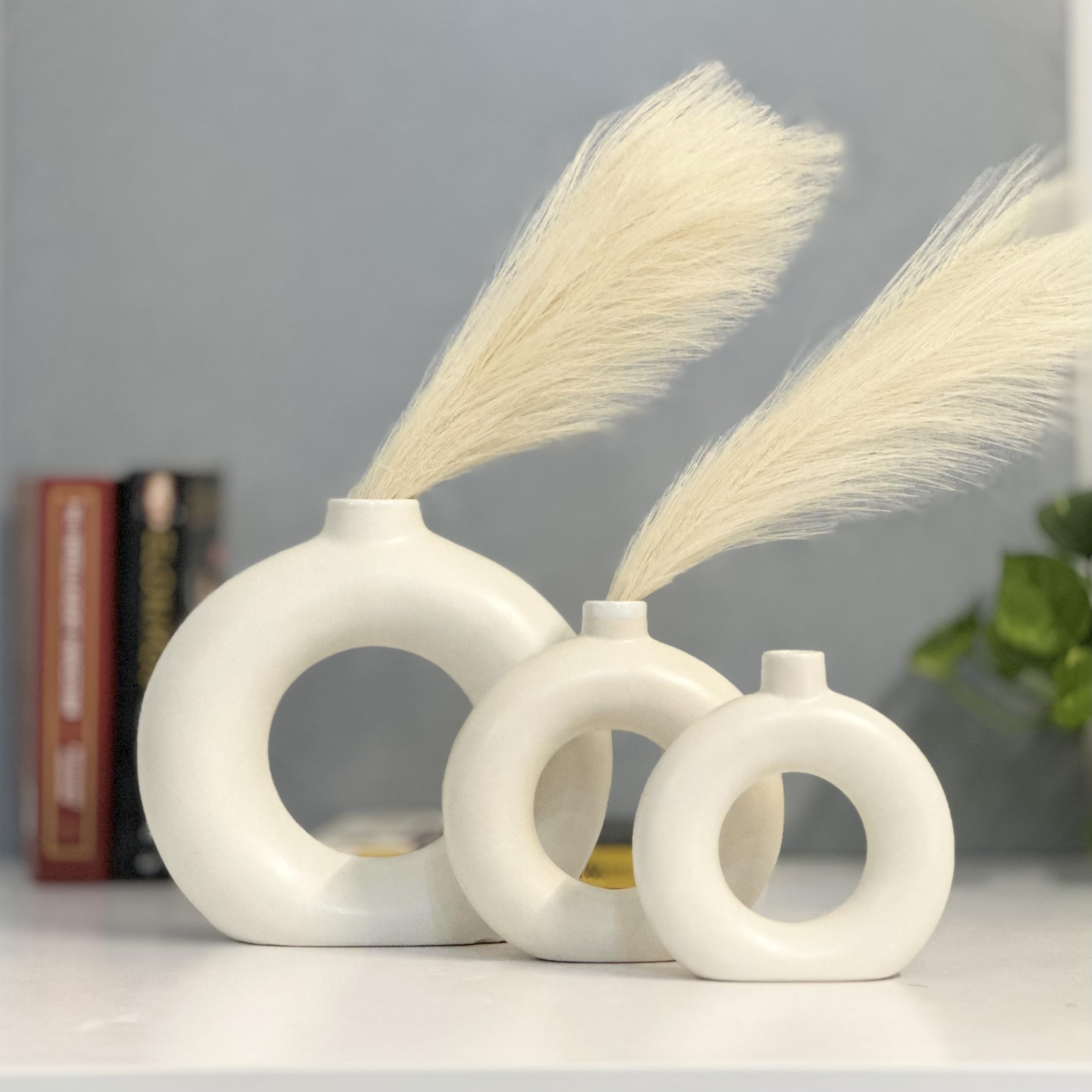 URBAN SENSE™ | Donut Flower Vase | White Ceramic Circle Pampas Grass Vase for Home Decor | Round Vase Showpiece Living Area, TV Unit Housewarming Gift (Pack of 3) (4In, 6In, 8In)