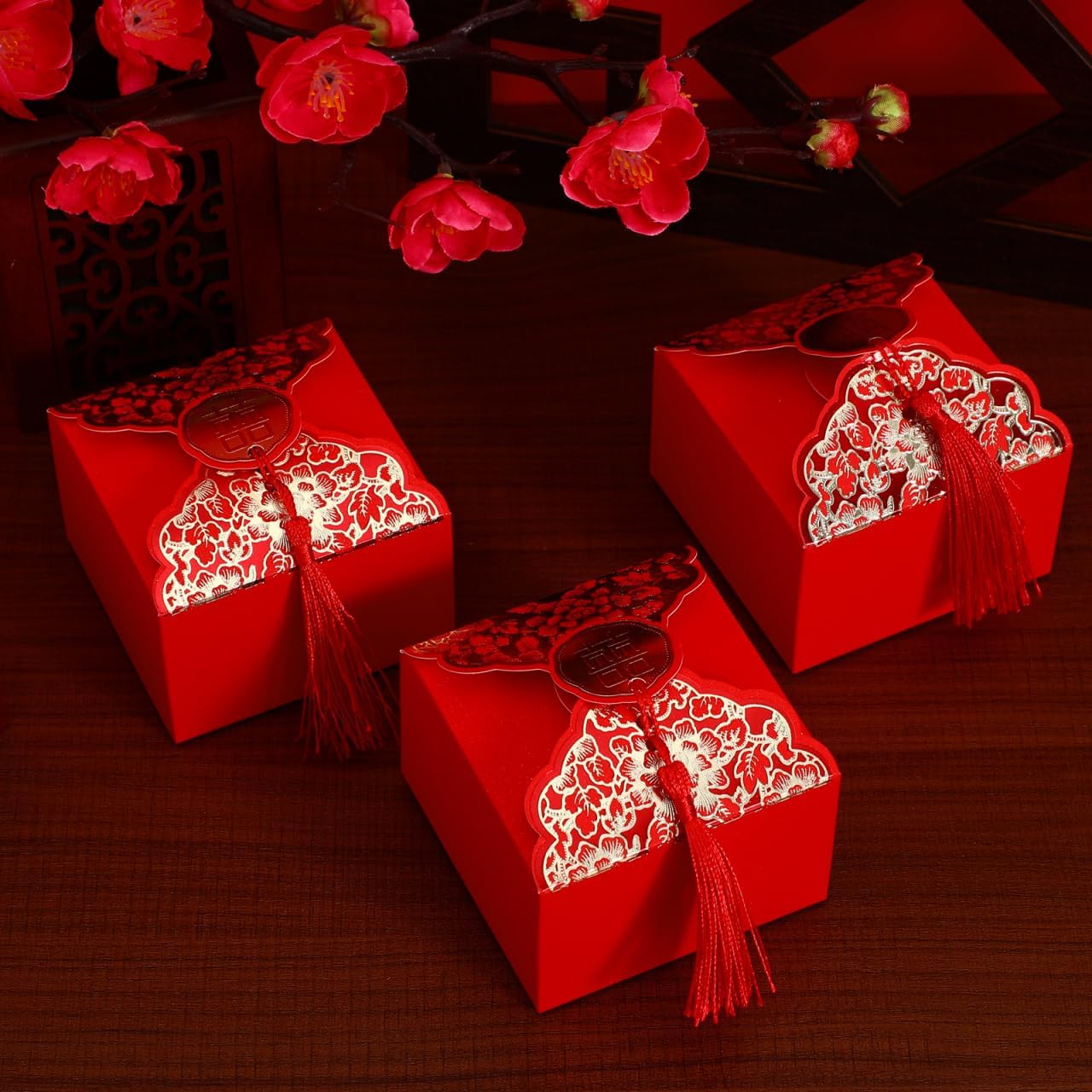 20pcs Wedding Candy Boxes Chinese Style Wrapping Box with Tassel Paper Treat Boxes Party Treat Containers Wedding Engagement Party Favors Red 3X3X2 Inches - Image 9