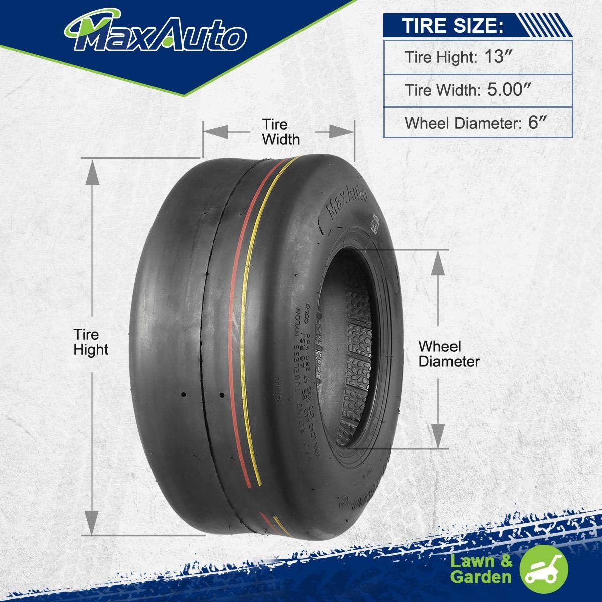 MaxAuto 2 Pcs 13X5.00-6 Turf Tires,13x5-6 Zero Turn Riding Mower Tires, 13-5-6 Smooth Tire for Lawn Mower 4PR Tubeless