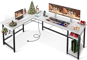 Coleshome L Shaped Computer Desk 66" with Power Outlet & Storage Shelves, Corner Sturdy Writing Desk Workstation, Modern Wooden Office Gaming Desk, Wood & Metal, White