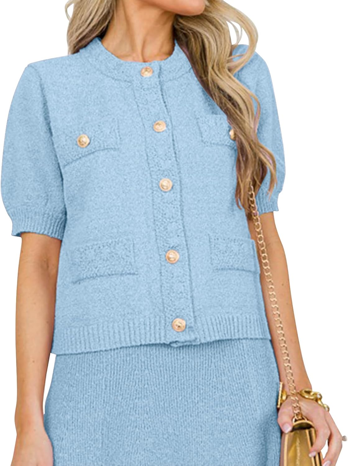 Hacikis Womens Button Down Cropped Cardigan Sweaters Crewneck Short Sleeve Knit Open Front Sweater Tops with Pockets - Image 2