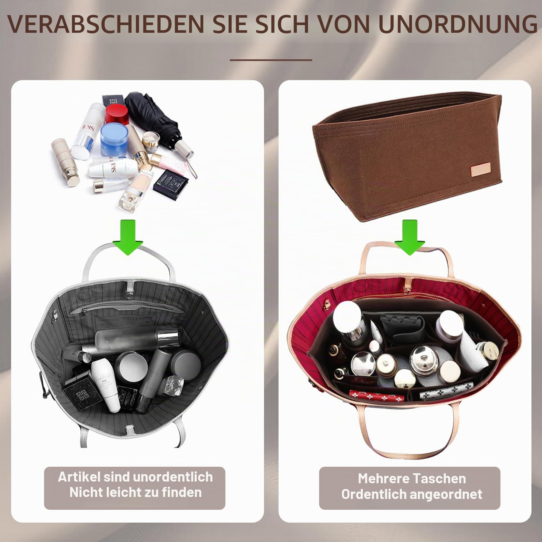 Doxo Geldbörsen-Organizer-Einsatz für Handtaschen und Tragetaschen, Filztasche, passend für Speedy und Neverfull Onthego, 3 Größen/6 Farben, braune Tasche + braune Grundform, groß
