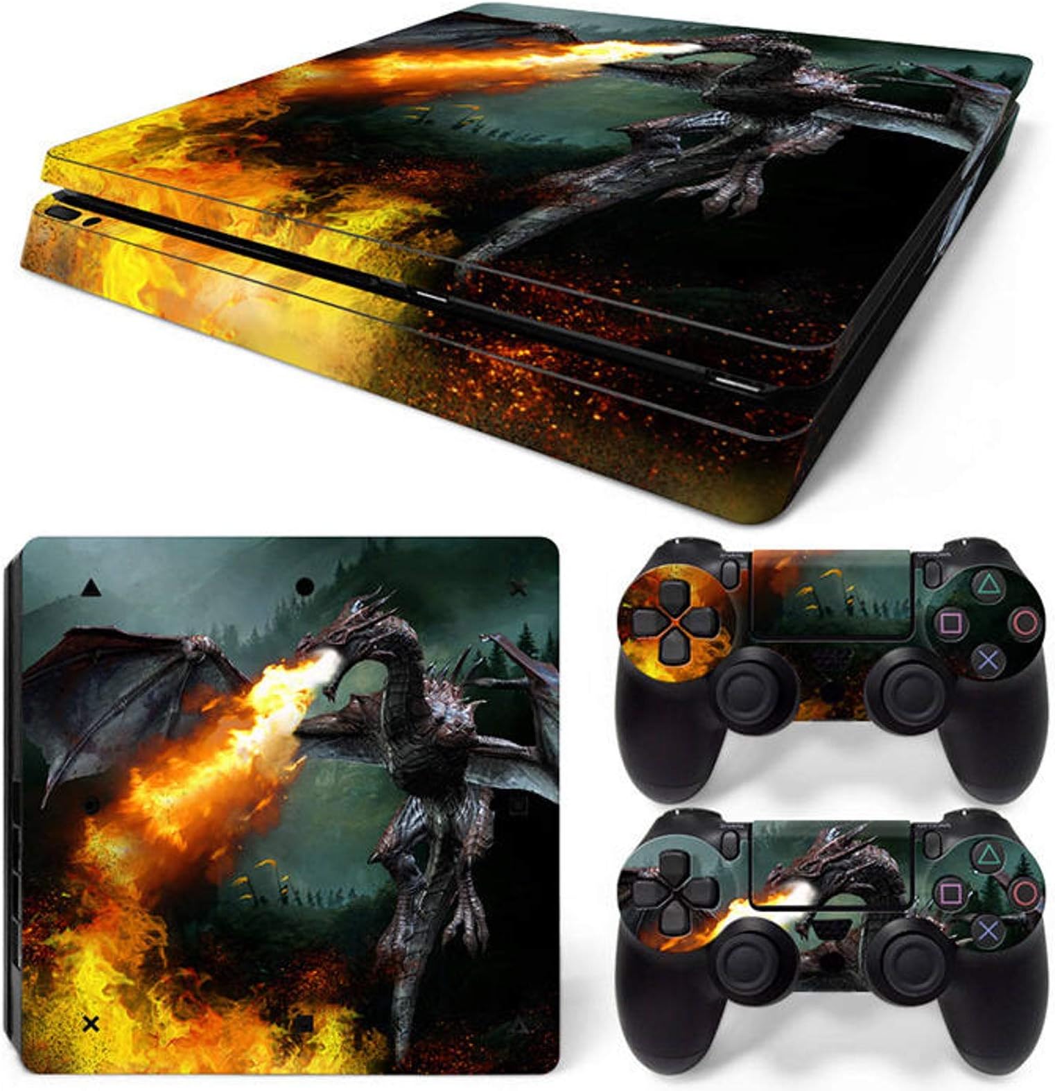 ZOOMHITSKINS PS4 Slim Skins, Animal Prehistoric Dragon Fire Flames Medieval Classic Vintage, Durable, Bubble-Free Goo-Free,Cover Set of 2 Controller Skins 1 Console Skin, Made in USA