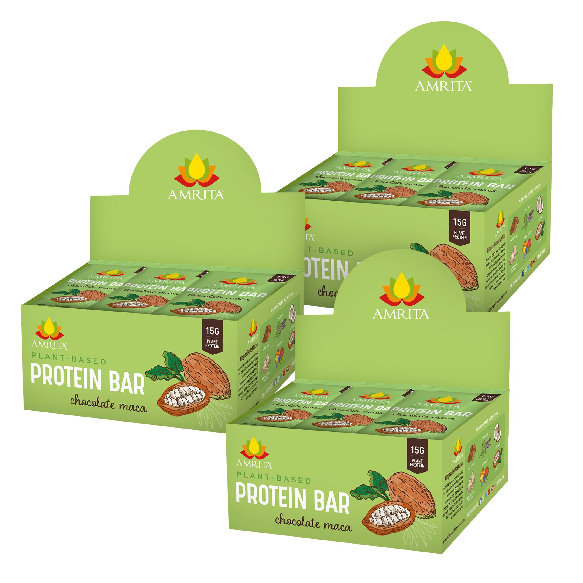 Amrita Nut Free Chocolate Maca Vegan Protein Bars (12 Count PK of 3) | 12g Plant-Based Protein Bar | Peanut Free, Gluten Free, and Dairy Free | Low Sugar, High Fiber, Healthy School-Safe Snacks