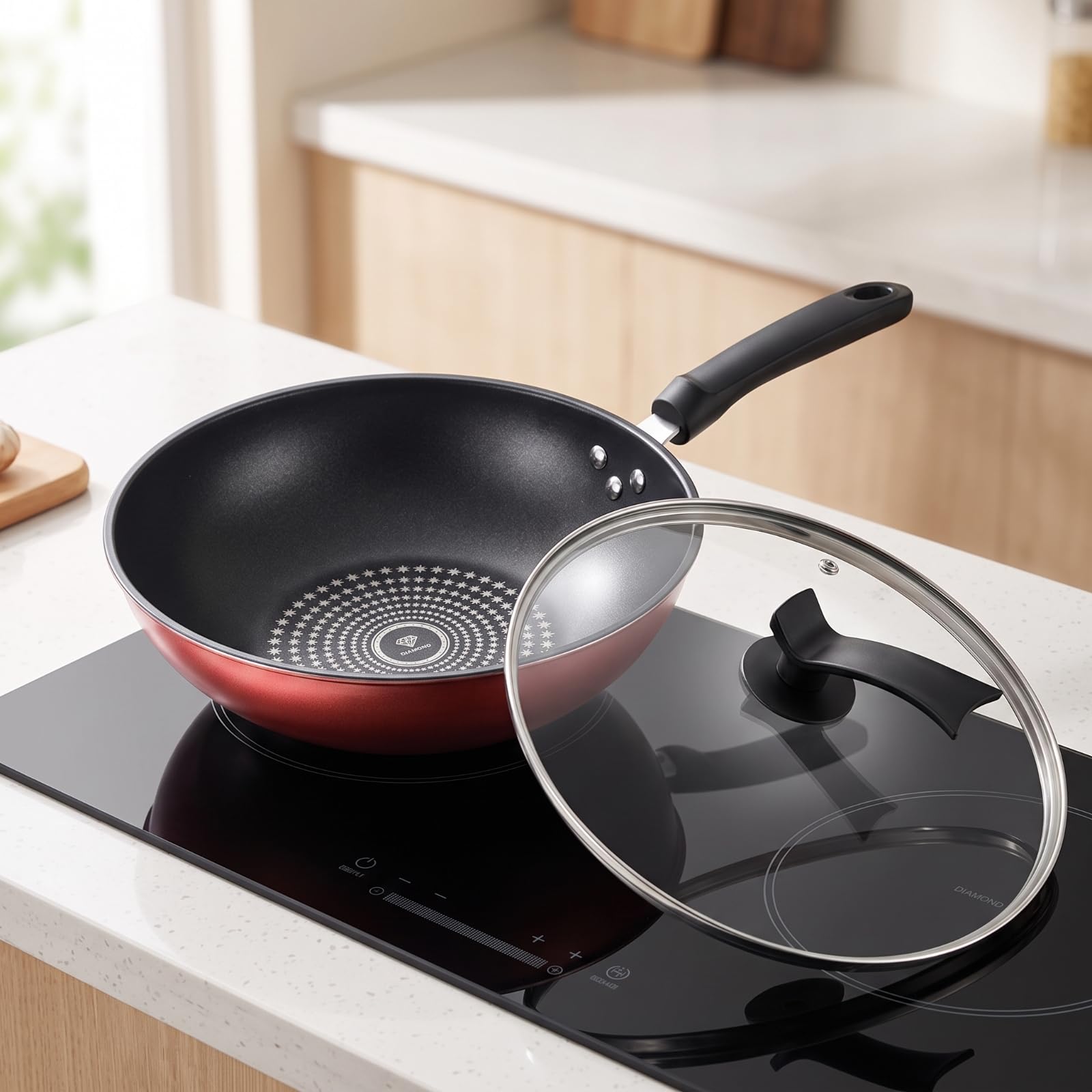 Gralara Wok Antiaderente Facile da Pulire, 30 Cm, Padella Wok Antiaderente Con Coperchio In Cristallo Di Diamante 30 Cm