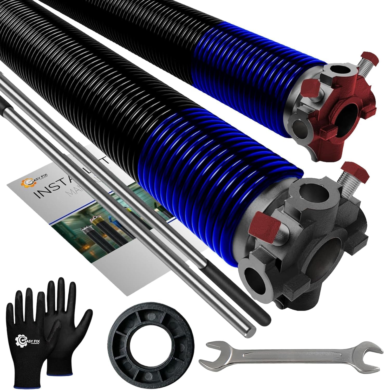 Pair of 2" Garage Door Torsion Spring Set Heavy Duty 5-Year Warranty with 1" Nylon Bushing, Non-Slip Winding Bars, Gloves & Wrench Precision E-Coating for Replacement Min 30,000 Cycles 262x2x38