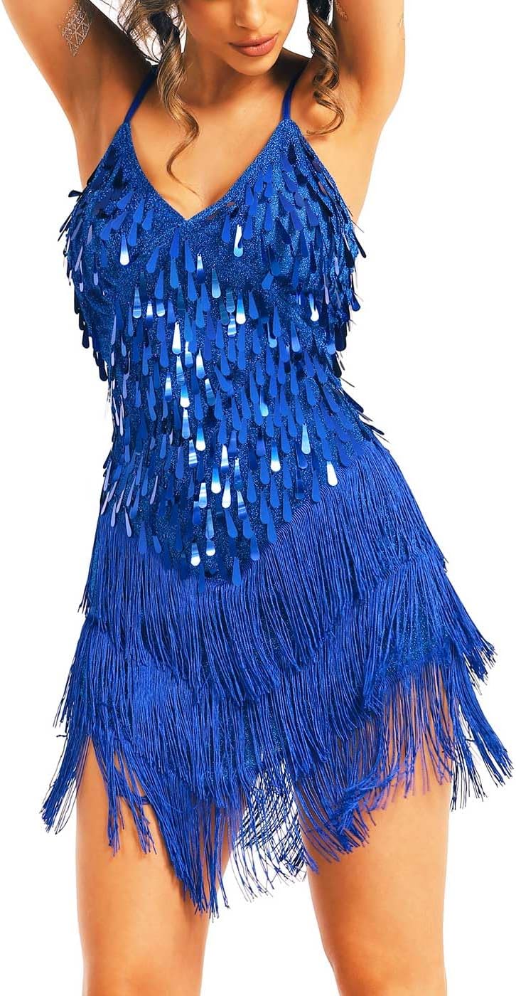 GORAIS Fringe Latin Dance Dress Royal Blue Sequin Tassel Dresses for Women