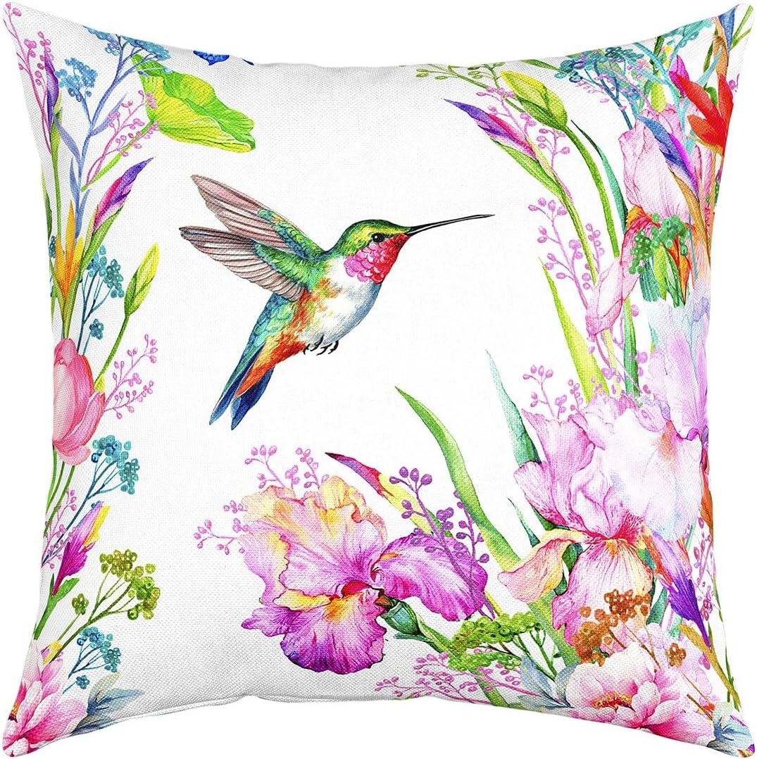Floral Throw Pillow Covers, Hummingbird Iris Flowers Pillow Covers Garden Plant Gorgeous Cushion Cases for Home Office Outdoors, Wild Animals Natural Pastoral Decorative Pillow Covers 24x24