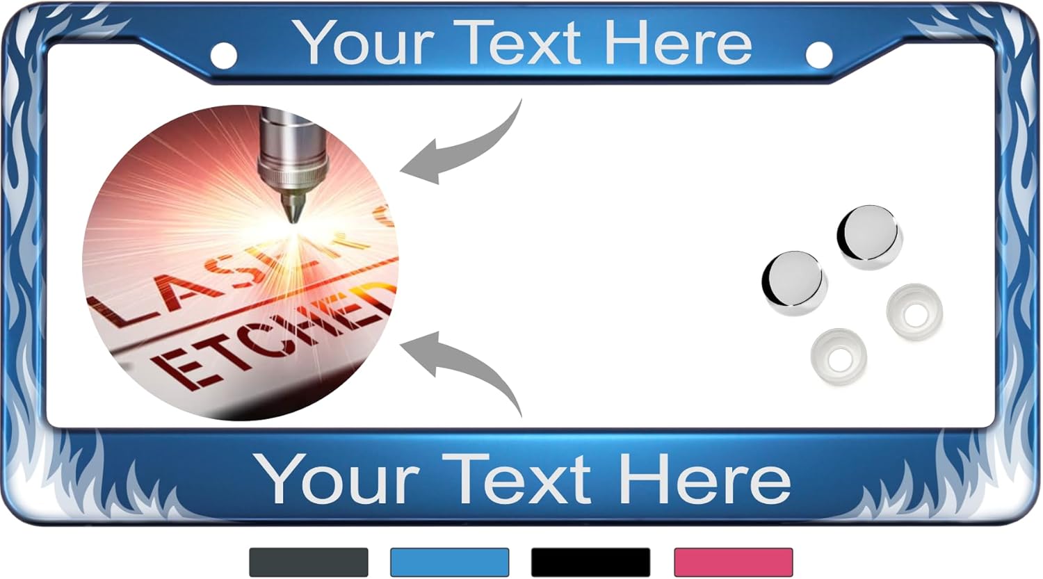 Flames | Design with Your Custom Text | Laser Etched Anodized Aluminum Standard Size - CAR/Automobile License Plate Frame & Free caps - Gray (Qty: 1 Frame)