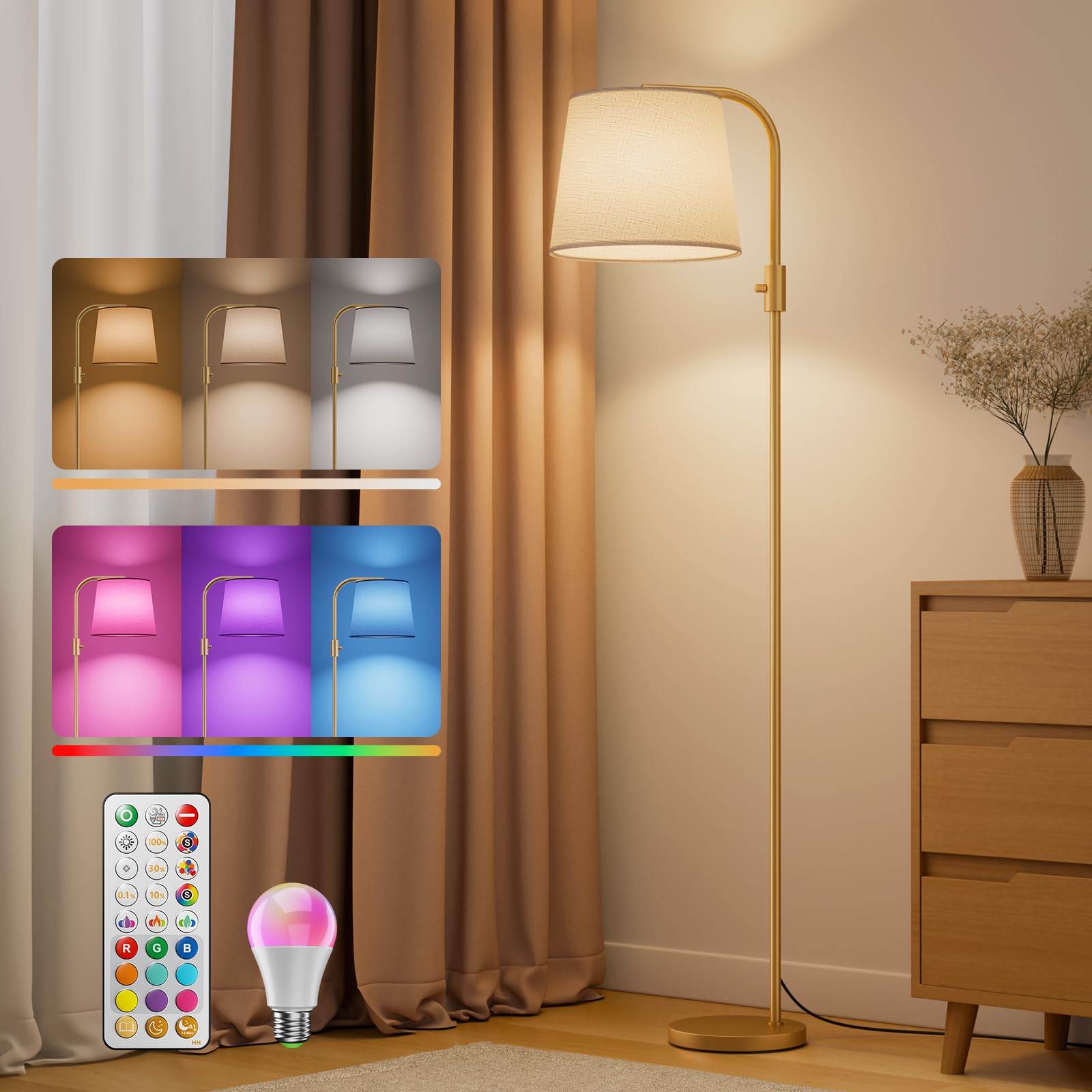 Dimmable Arc Floor Lamp 1200 Lumens RGBCW Color Change Bulb Included Standing Lamp with Linen Shade 65 Tall