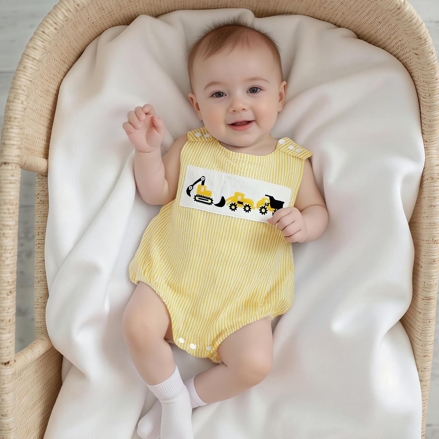 Newborn Baby Boy Construction Clothes Excavator Embroidery Sleeveless Seersucker Bubble Romper Bodysuit Summer Outfit