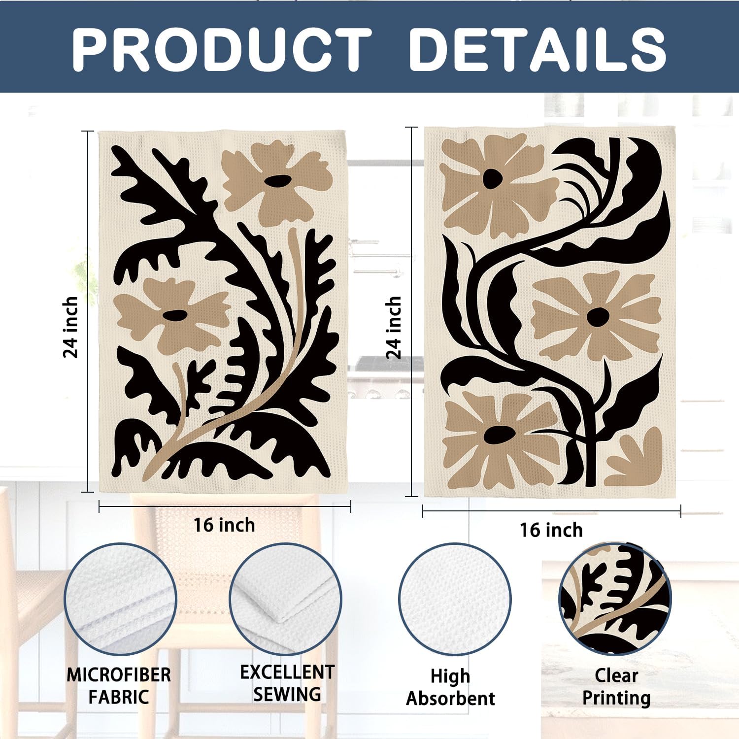 Abstract Kitchen Towels Boho Floral Kitchen Towels Set of 2, Flower Botanical Dish Towels for Kitchen Drying, Dark Cottagecore Neutral Hand Towels for Bathroom, 16x24 Inch