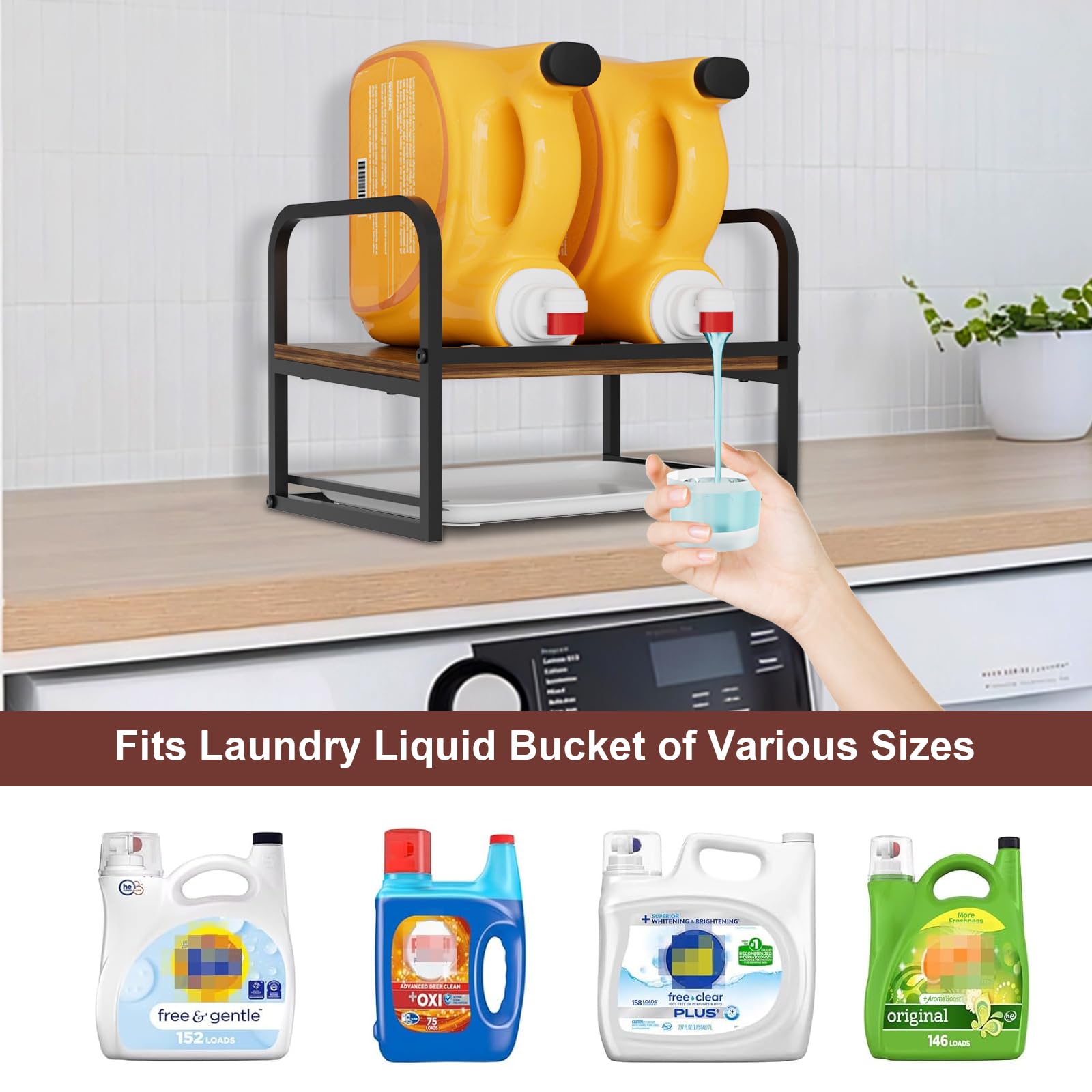 Soporte de madera para detergente para lavandería, dispensador de jabón de detergente líquido de lavandería con bandeja de goteo, para organización y almacenamiento de lavandería, color negro