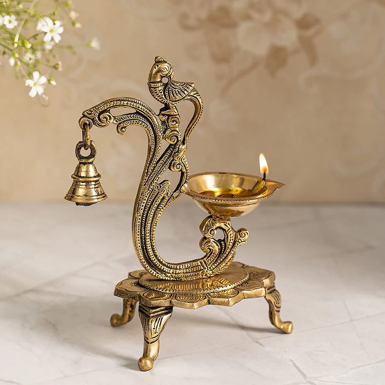 Metal Ganesha Wall Hanging Diya with Bells for Home Decor, Gold Metal Hanging Diyas Oil Lamp, Diwali Gifts, Diyas for Diwali, Ghanti for Pooja, Standard, Pack of 1 (Gemstone Work Brass Ganesha)