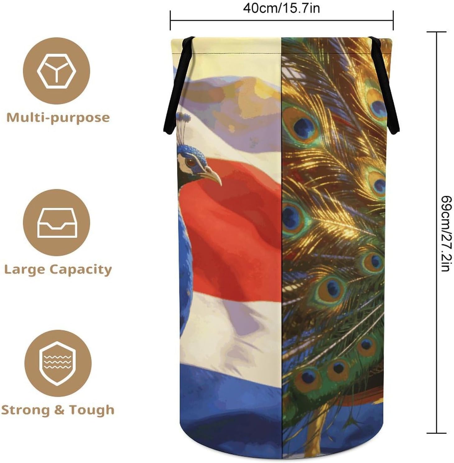 Colorful Peacock And National Flag Laundry Hamper 86L Waterproof Collapsible Clothes Basket with Double Handles Freestanding Foldable Laundry Basket Large Clothes Hamper for Bathroom