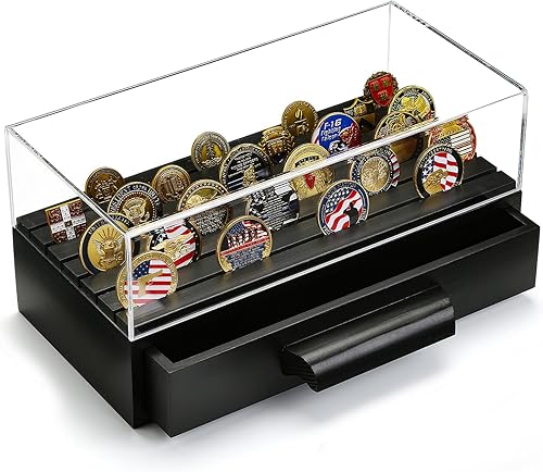 Exhibición grande de madera para monedas con cubierta transparente  Monedas militares  Capacidad para 40 monedas en la parte superior y cajón de