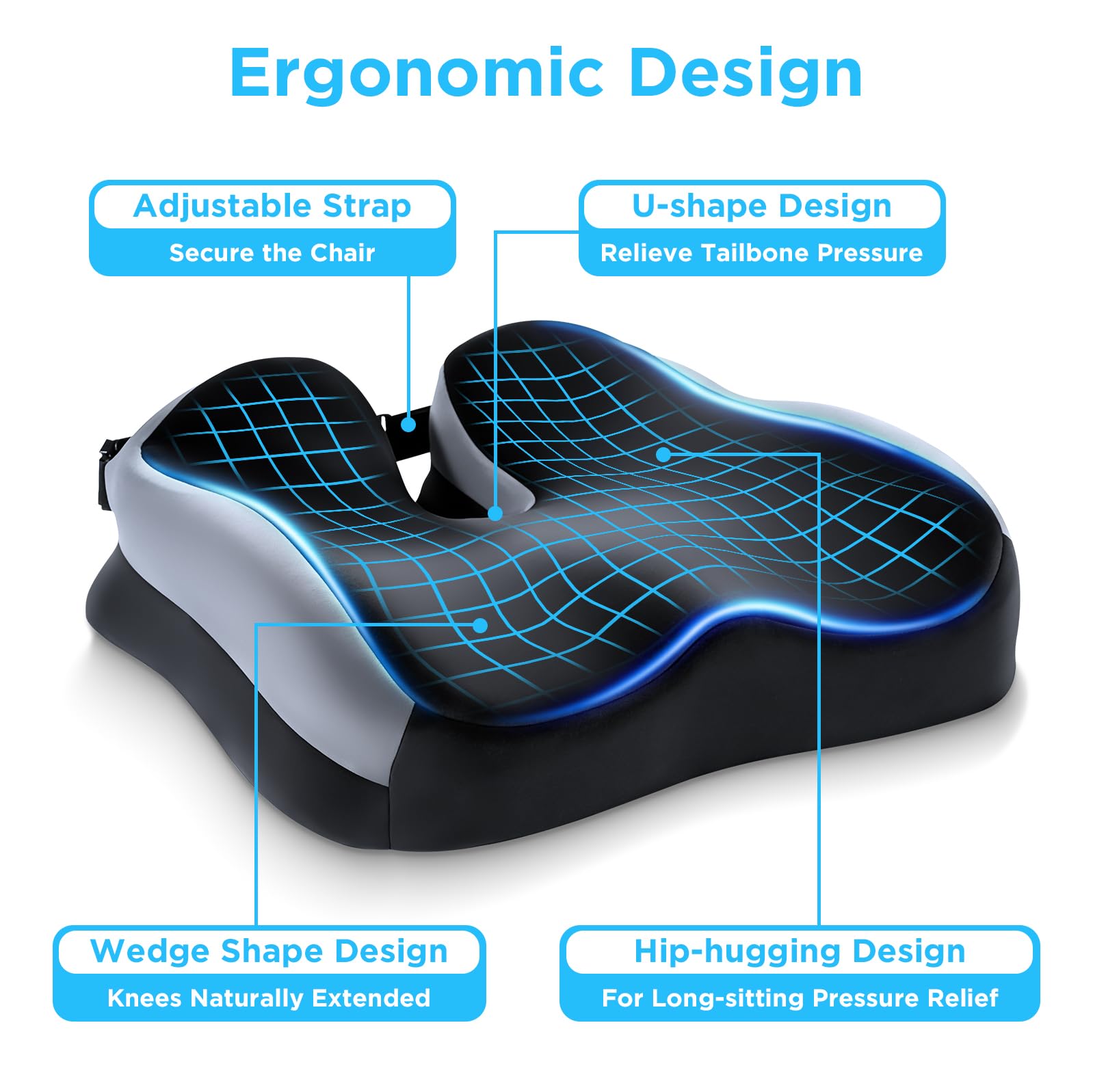 Cojín Silla Oficina para Aliviar Dolor de Coxis y Ciática, Cojín Ortopédico de Espuma Viscoelástica, Base Antideslizante, Soporte Ergonómico Cadera y Espalda para Oficina y Coche