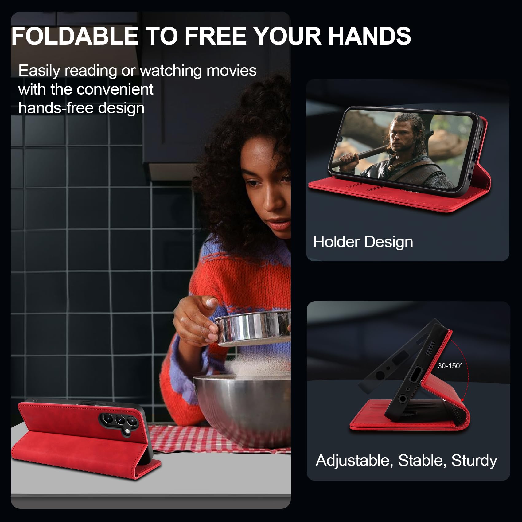 QHOHQ Cover per Samsung Galaxy A15 4G/5G + Vetro Temperato, [RFID Antifurto], Libro Custodia Portafoglio Premium Pelle PU, [Multifunzionale], Chiusura Magnetico Aletta Antiurto Case (Retrò)-Rosso
