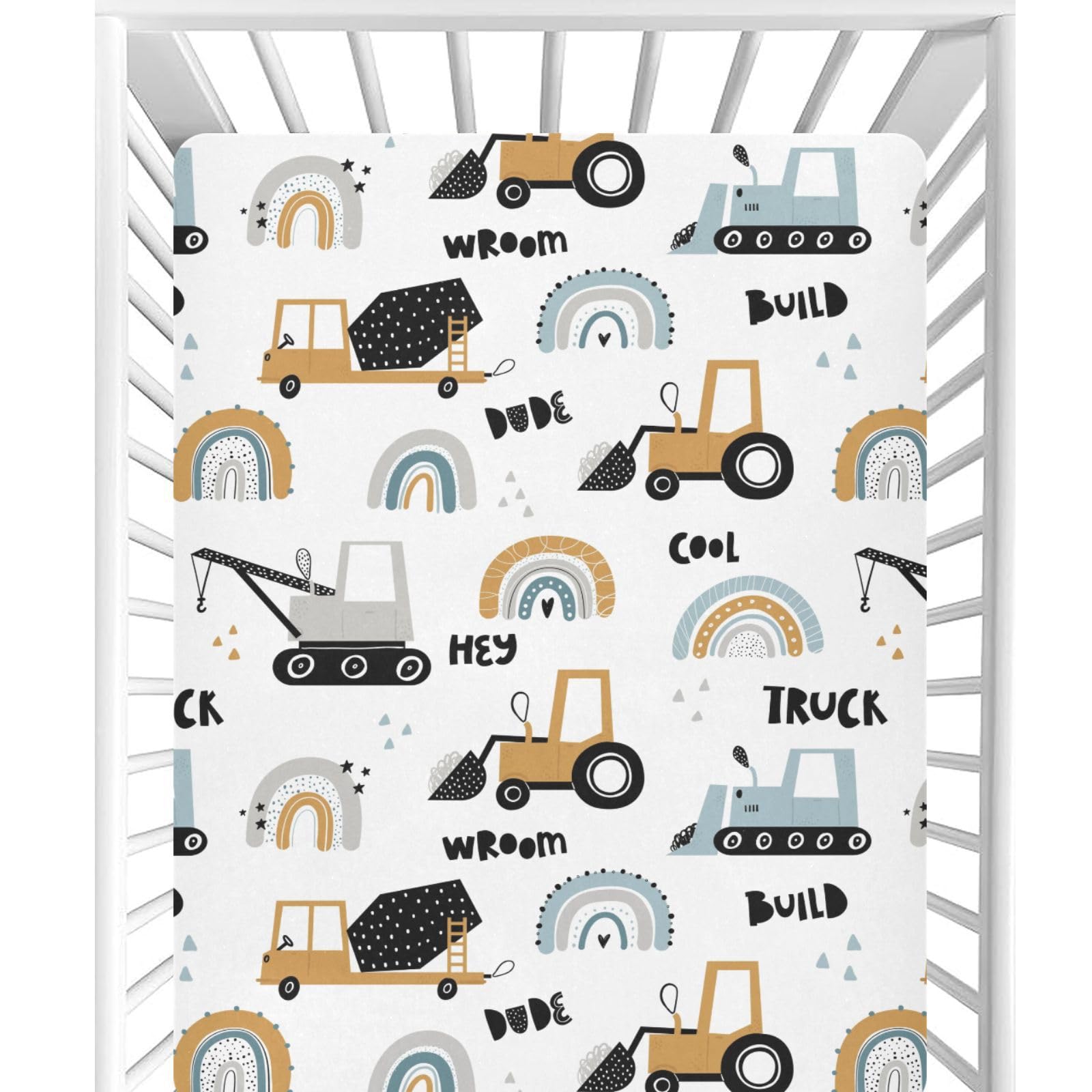 CaTaKu Crib Sheets for Boys Girls Cars Rainbows Trucks Baby Fitted Sheets for Mini Crib, Soft Toddler Bed Mattress Playard Sheet,27"x 39"