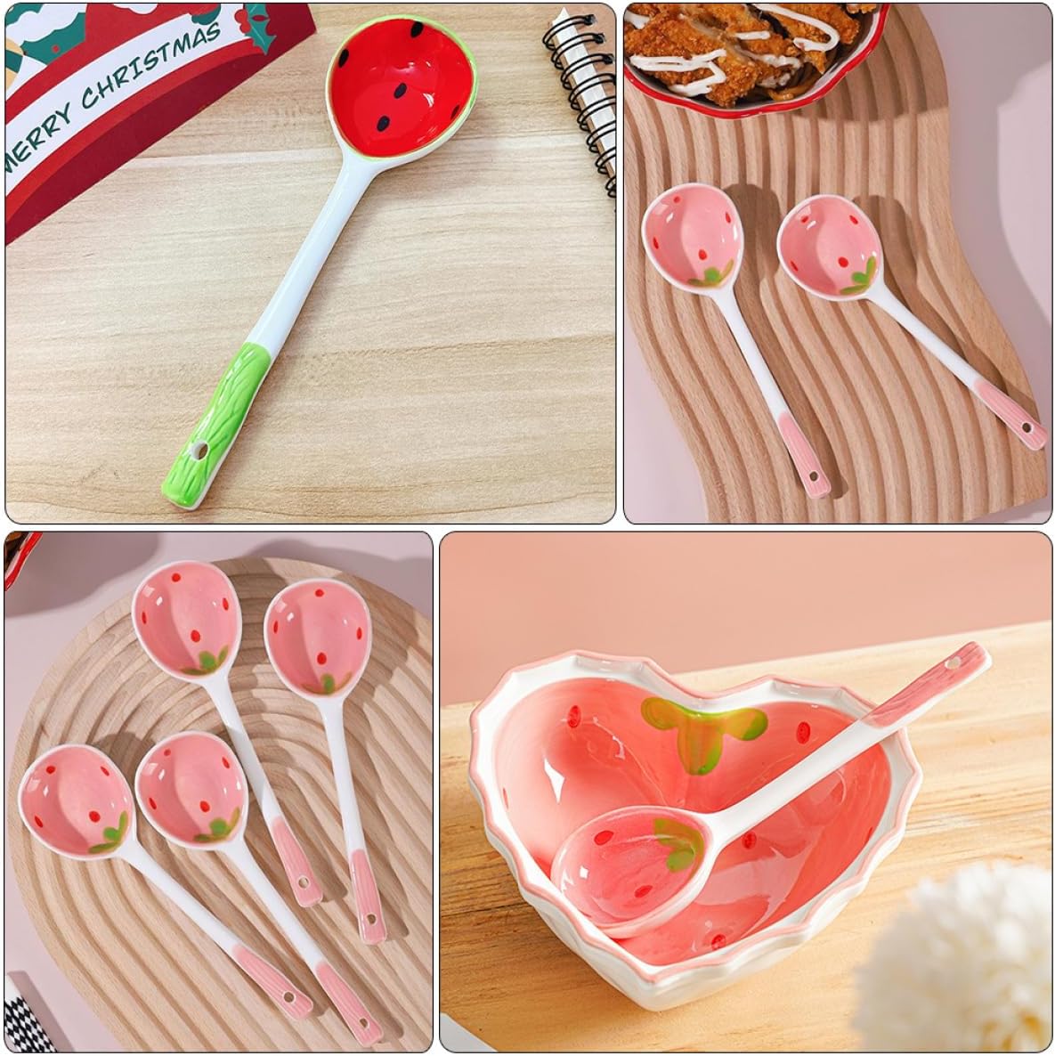 STOBAZA 2-Piece Ceramic Dessert Spoons, 6.49-Inch Fruit Pattern with Hook