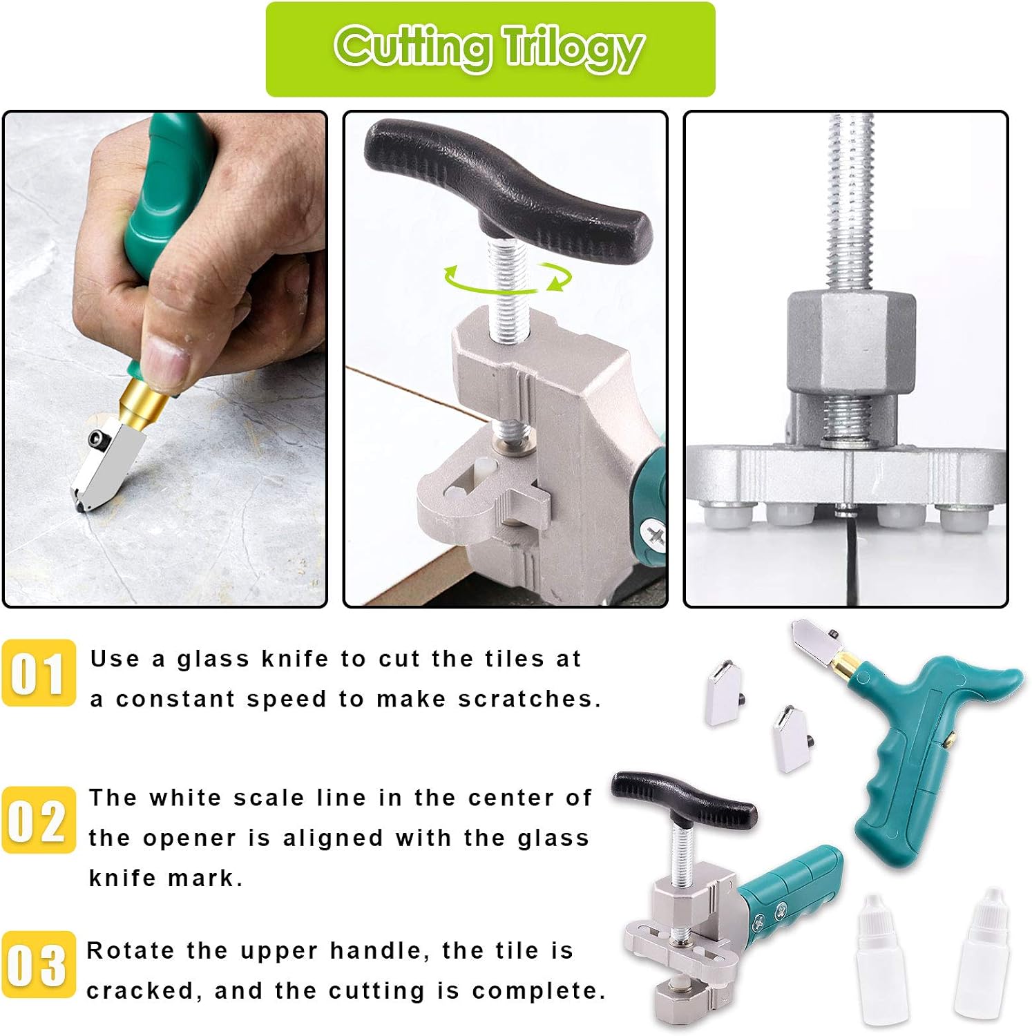 Keadic Glass Tile Cutter Tool Kit, Glass Breaking Pliers, Tile Cutter Hand Tools Set with 6mm Alloy Steel Blades, Spacers, Special Oil Bottles Tape Measure & Cut-resistant Gloves