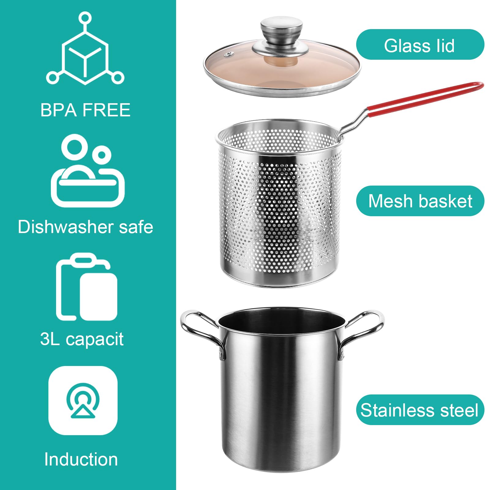 APACALI 1 Pezzo Pentola per Asparagi, Pentola per Spaghetti con Filtro, 3L Pentola per Pasta, 16cm Pentola per Pasta, Pentola per Cucinare Asparagi o Spaghetti in Acciaio Inox
