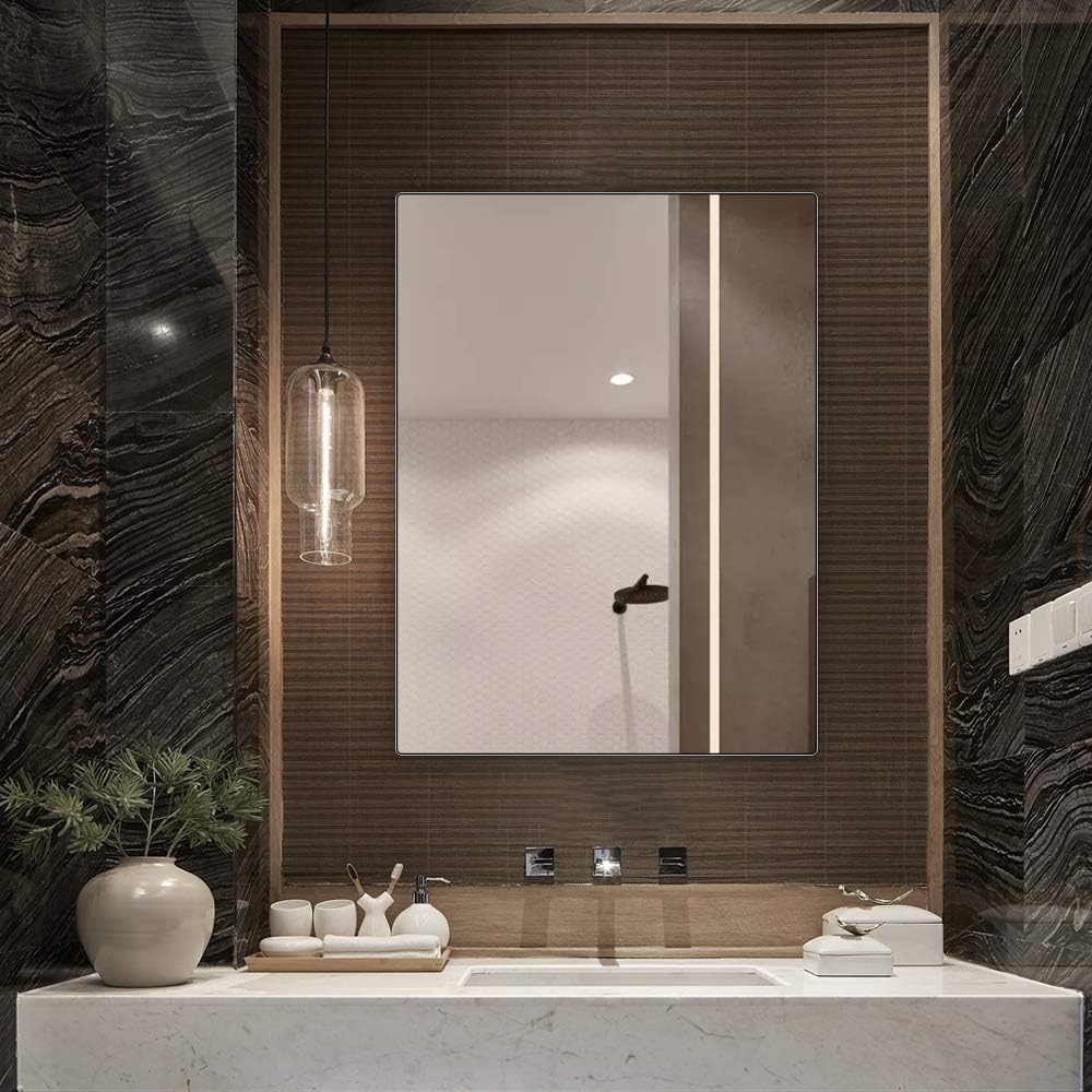 belle electrical Bathroom Vanity Mirrors 32X24, Thin Large Modern Rectangular Aluminum Metal Frame Makeup Bathroom Mirrors for Wall, Black Round Corner Mirror Hangs in Vertically or Horizontally