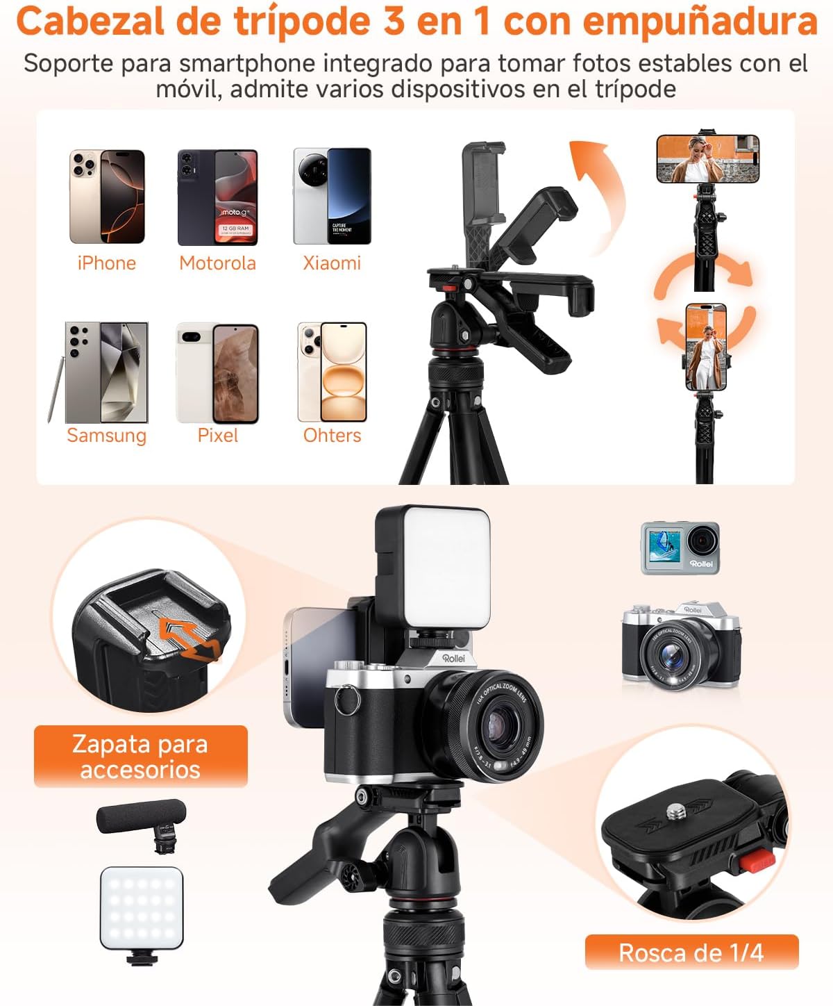 Integrated smartphone holder and cold shoe mount on the tripod head