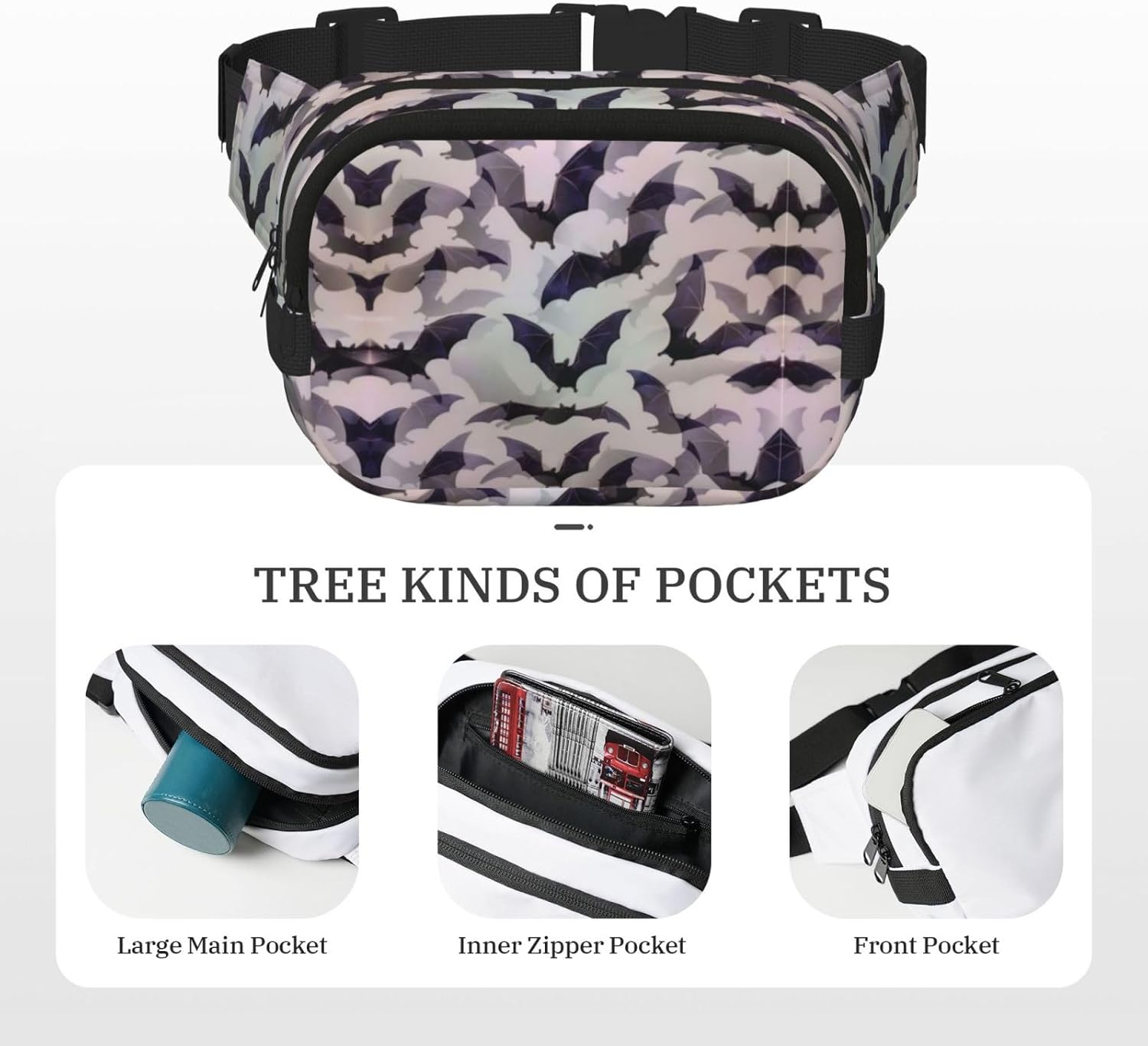 Halloween Bats Grey print Large Fanny Packs for Women Cute Cross Body Waist Bag Fashionable Fanny Pack