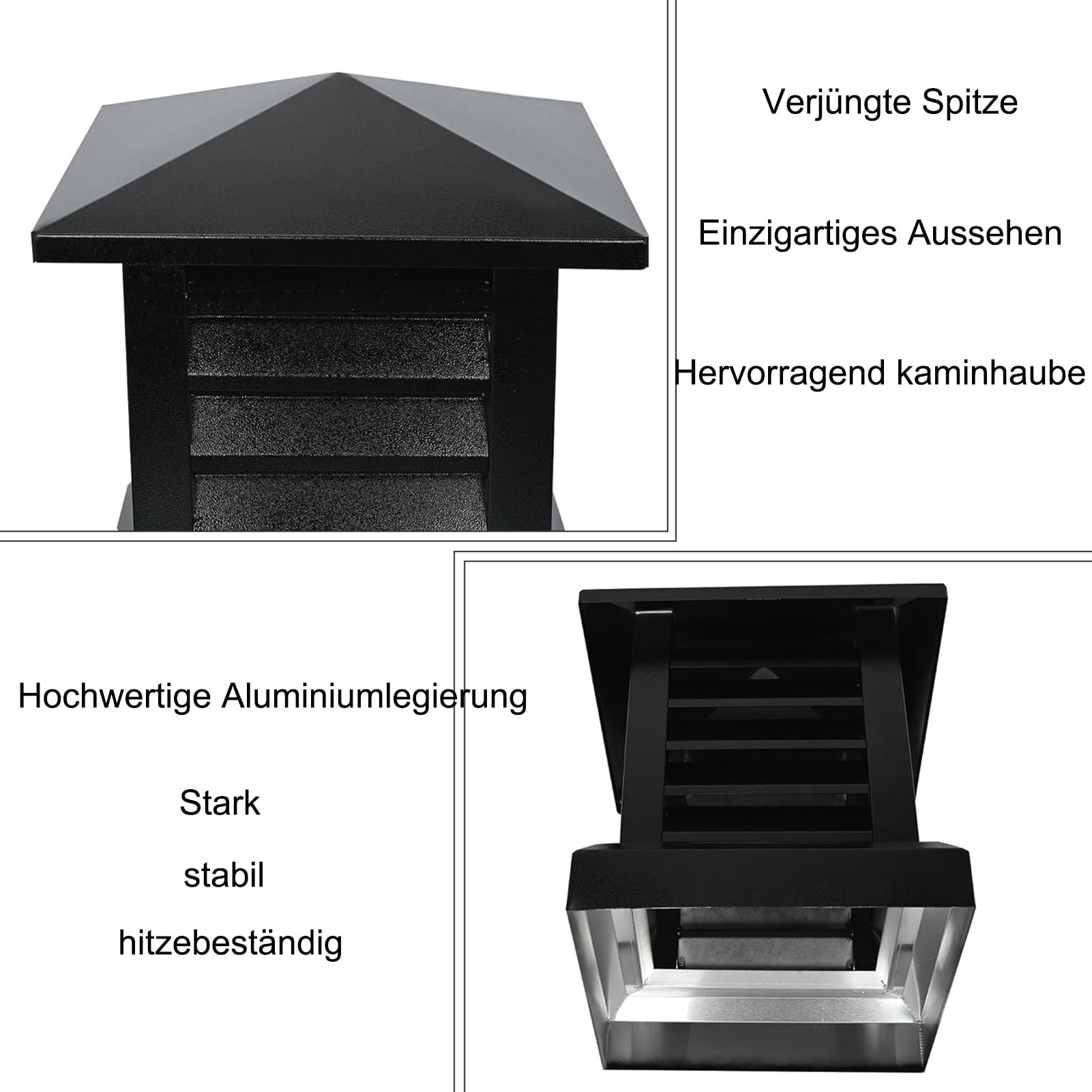 Schornsteinabdeckung Regenhaube Schornstein kaminhaube Aluminium Abdeckung für Zigel, Quadratische Form mit Konischer Spitze Außenbereich Geeignet Winddicht Regenfest Kamin Schwarz (50cm)