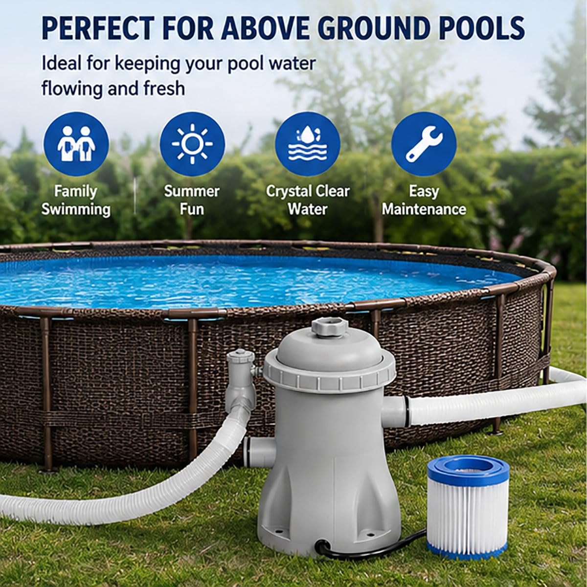 Pompa filtro piscina da 330 GPH,filtro a cartuccia,16W a basso rumore | tubi da 32 mm, circolazione dell'acqua pulita, include tubi e adattatori, per piscine fuori terra