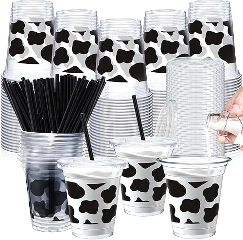 Miniatura 1 de Umigy Paquete de 100 vasos desechables de plástico con tapas y pajitas, vasos desechables de 12 onzas para jugo, agua, café, fiesta de verano,