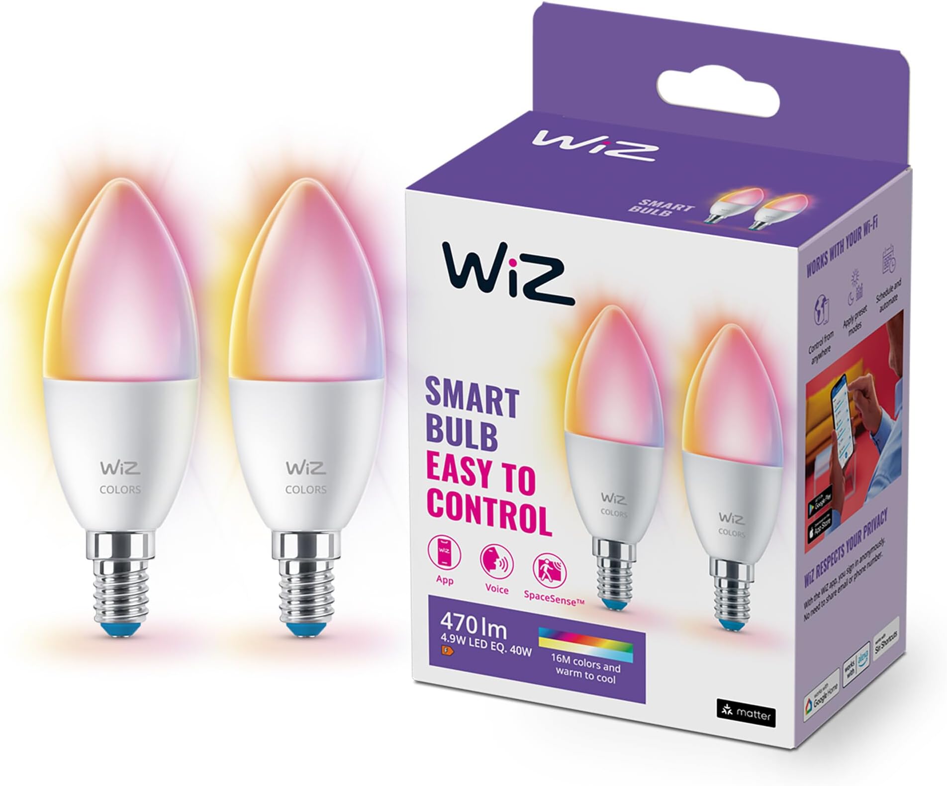 Colour [E14 Small Edison Screw] Smart Connected WiFi Candle Light Bulb. 40W Colour and White Light, App Control for Home Indoor Lighting, Livingroom, Bedroom.