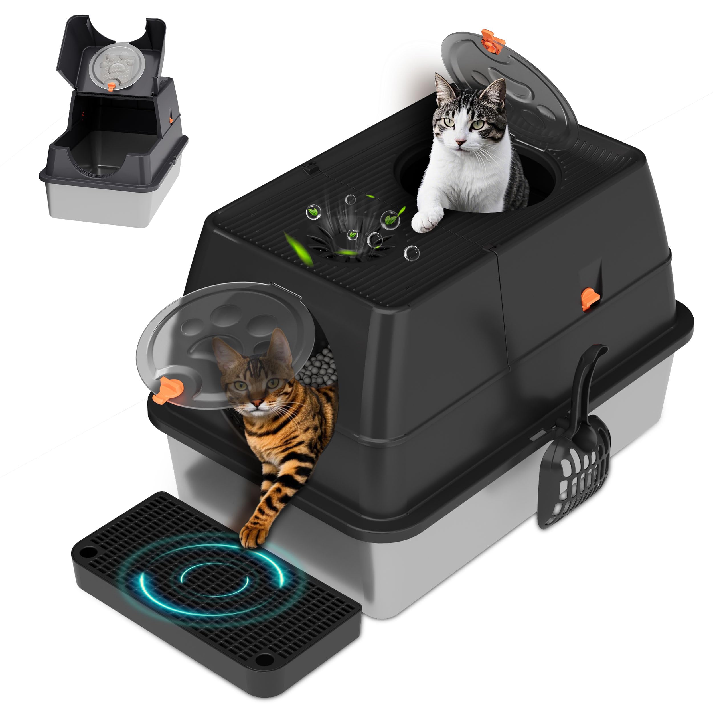 Stainless Steel Litter Box with Lid, XL Extra Large Cat Litter Box Enclosure, Front & Top Entry Covered Metal Cat Box with Steps & Scoop, Easy Cleaning