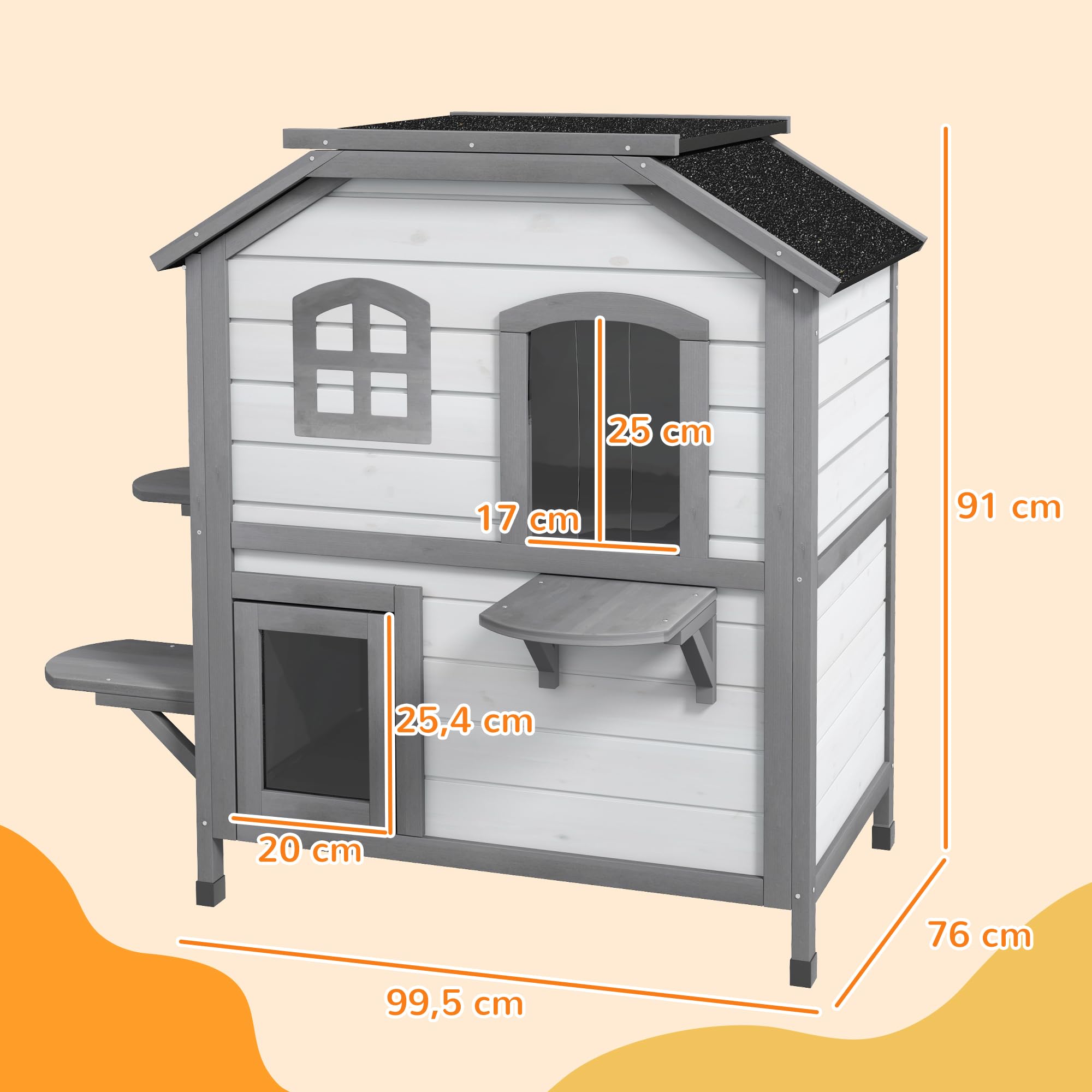 PawHut Casetta per Gatti Con Tetto in Asfalto, da Esterno Con Scale, Villa a 2 Piani, Impermeabile, da Giardino, in Legno di Abete, Bianco, 78 x 55,5 x 91 cm