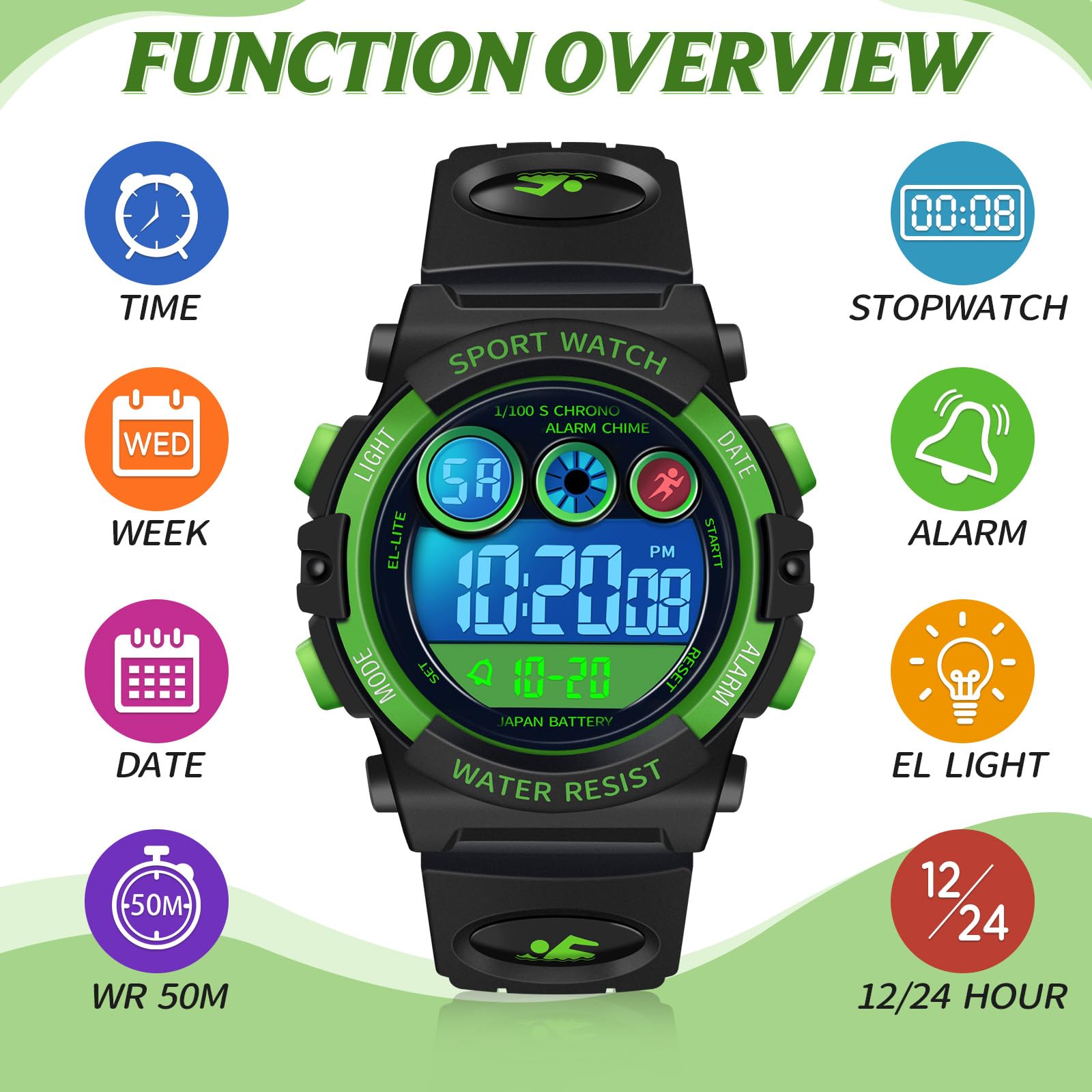 Dayllon Kids Digital Watch,Boys Digital Outdoor Sport Waterproof Watch,with Calendar 12/24H Alarm 7 Colorful Backlight Stopwatch Wristwatch for 3-15 Years Old-Green