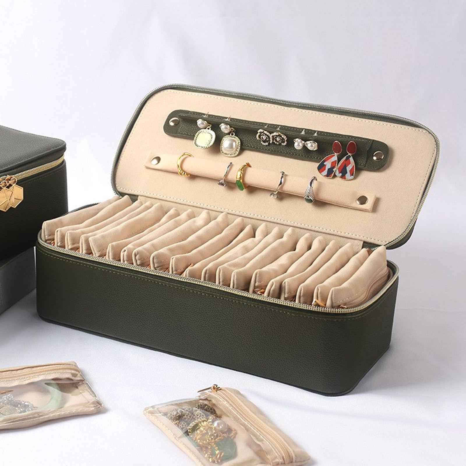 Schmuckschatulle mit mehreren Fächern, reisefreundliches Design, 20 Taschen, PU Materialien, Organizer für Ohrringe, Halsketten, sichere Schließung, Aufbewahrungslösung, PU Schmuck Aufbewahrungsbox