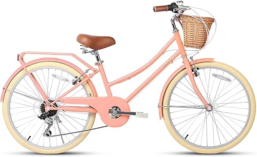 Miniatura 9 de Glerc 20 24 26 Inch Beach Cruiser Bike, 6-Speed Hybrid City Bicycle for Girls Youth and Over 6 Years Old, Missy Bike with Wicker Basket &