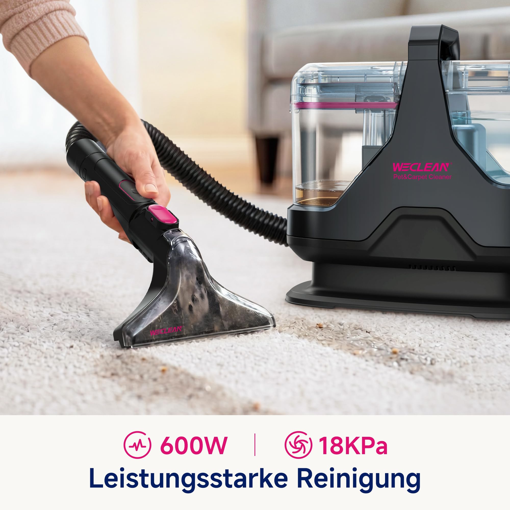 WECLEAN C3 Nasssauger Polsterreiniger Gerät,600W 18KPa Teppichreiniger Waschsauger für Teppiche, Sofas, Treppen, Fenster, Spiegel, Polstermöbel, Autos, Schwarz/Rosa