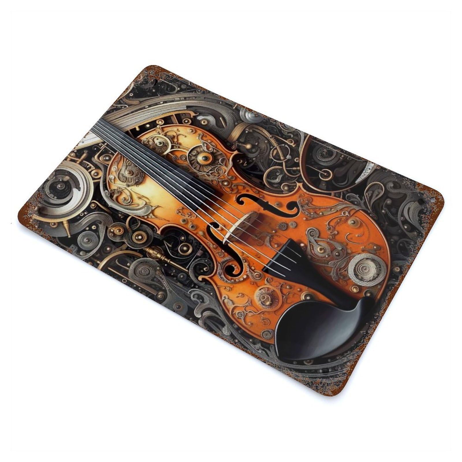 Vintage Rust Metal Sign with Musical Violin Design 11.8"x7.9", for Shed, Workshop And Garage Wall Decor, Classic Wall Plaque