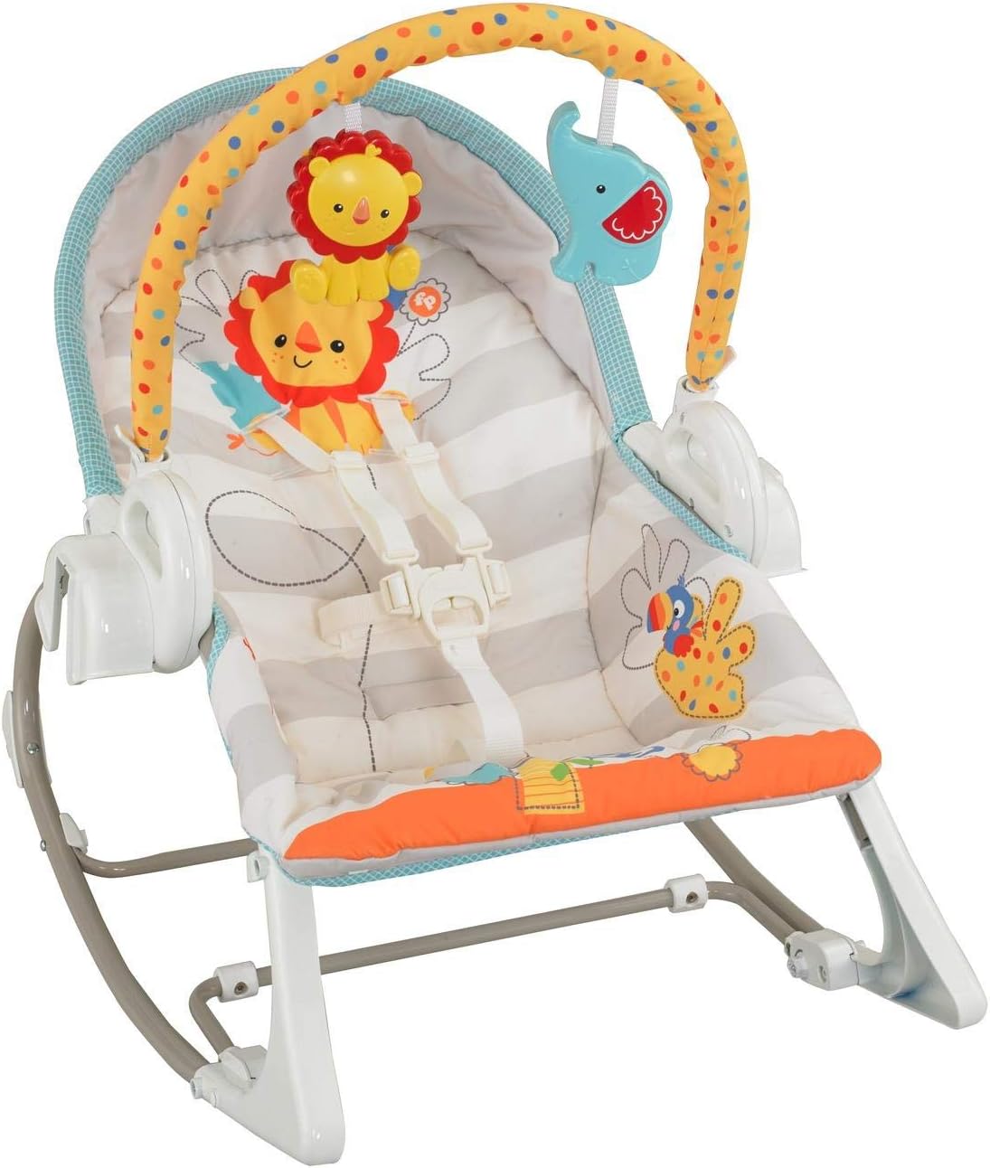 Fisher-Price 3-in-1 Soothing Motions Bouncer & Rocker in baby swing mode with toy bar