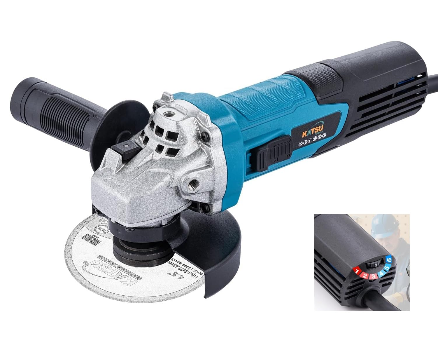 Katsu Tools Blue Corded Angle Grinder 115Mm 750W, Slim Body, Variable Speed, For Masonry Concrete Tile Metal Steel Grinding Polishing 100186