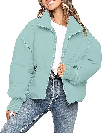 MEROKEETY Women's Winter Long Sleeve Zip Puffer Jacket Pockets Baggy Short Down Coats