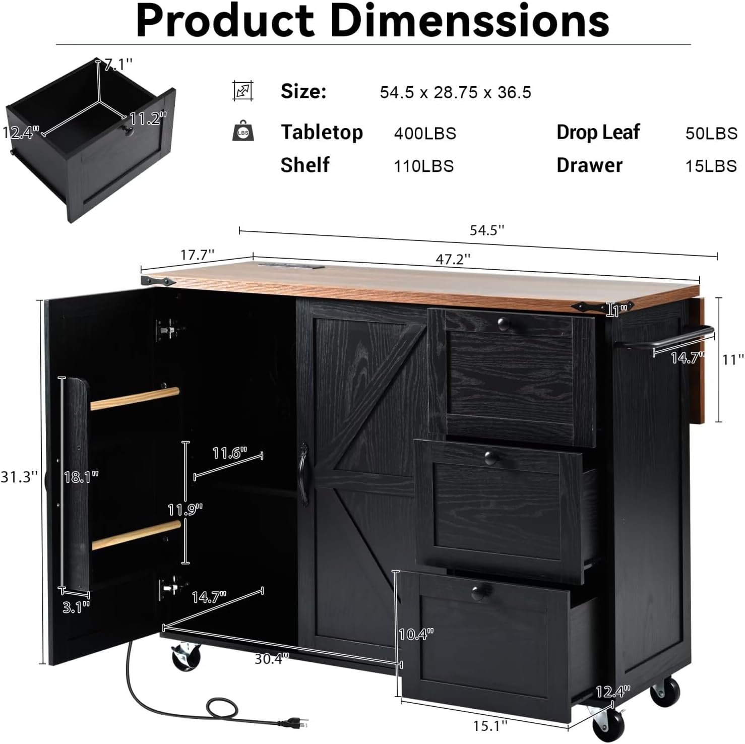 54.5" Farmhouse Kitchen Island with Power Outlet, Kitchen Storage Island with Internal Storage Rack, Drop Leaf, Spice Rack, Rolling Cart on Wheels, for Home Dining Room, Black