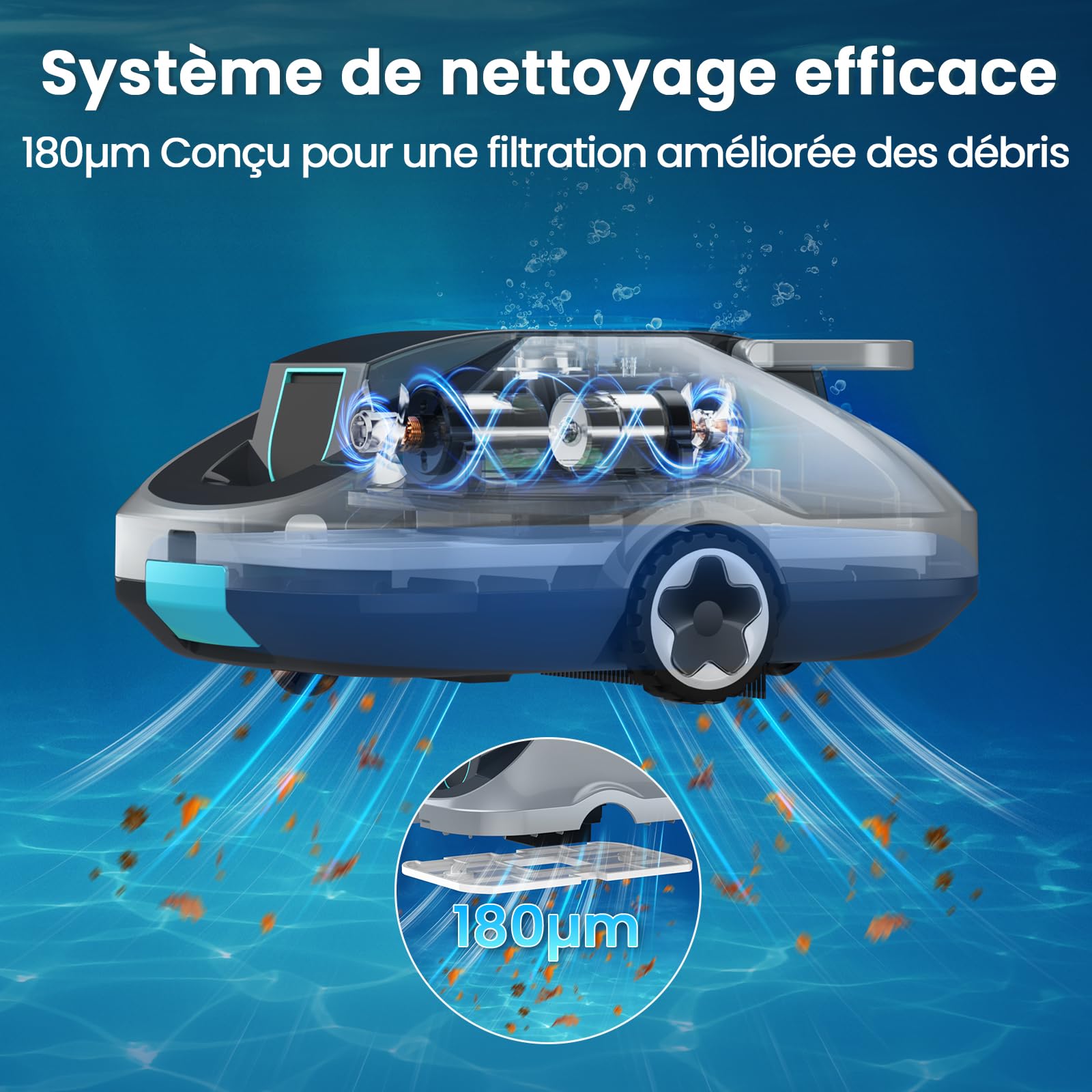 Batería para robot de piscina, robot aspirador inalámbrico, tiempo de funcionamiento de 200 minutos, navegación inteligente, función de aparcamiento automático y filtrado ultrafino, compacto y