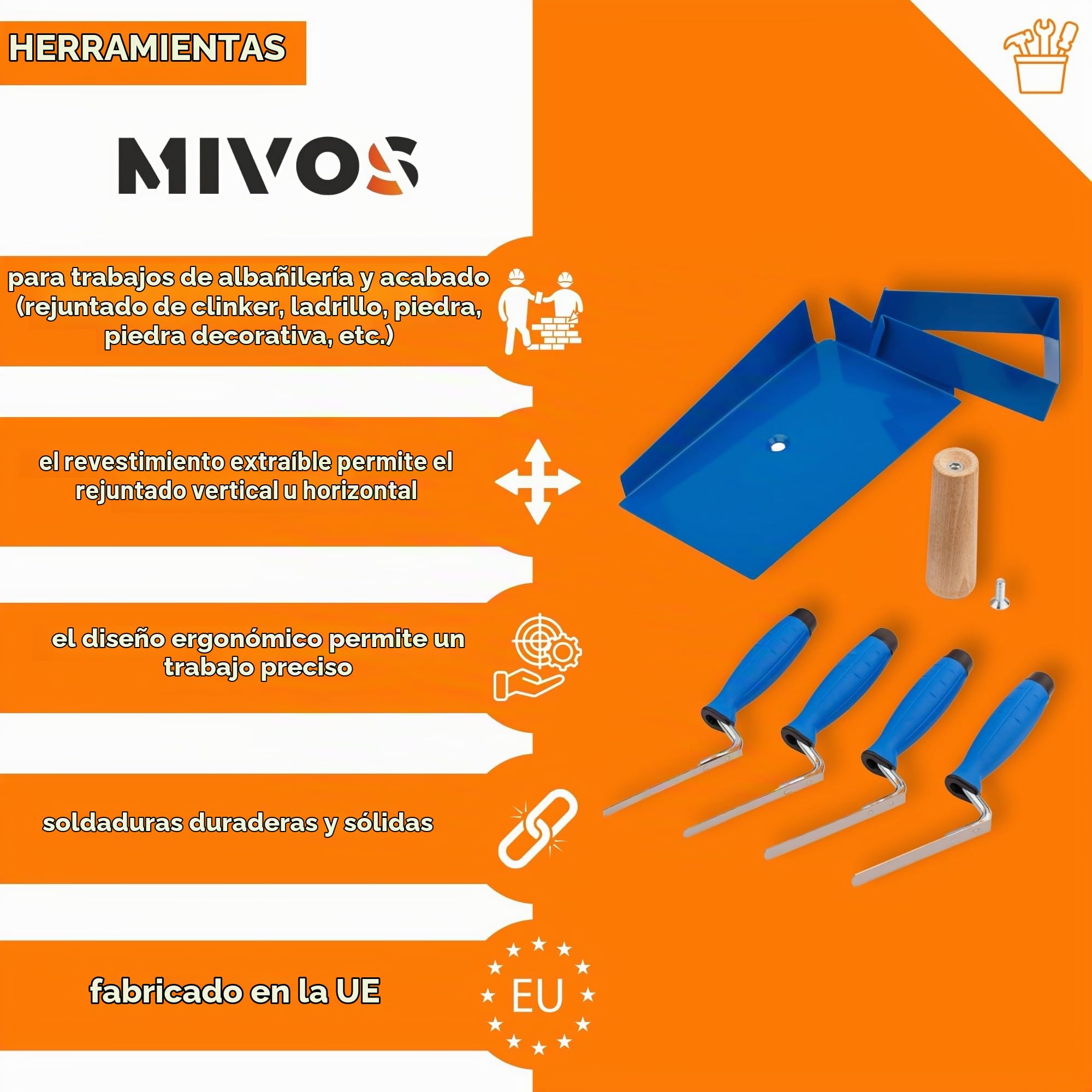 MIVOS Placa de Juntas de Acero Inoxidable + 4 X Llanas de Juntas de Acero Inoxidable - Anchura 8 10 12 14 Mm - Juego de Llanas de Juntas - Ideal para Trabajos de Albañilería Y Acabado