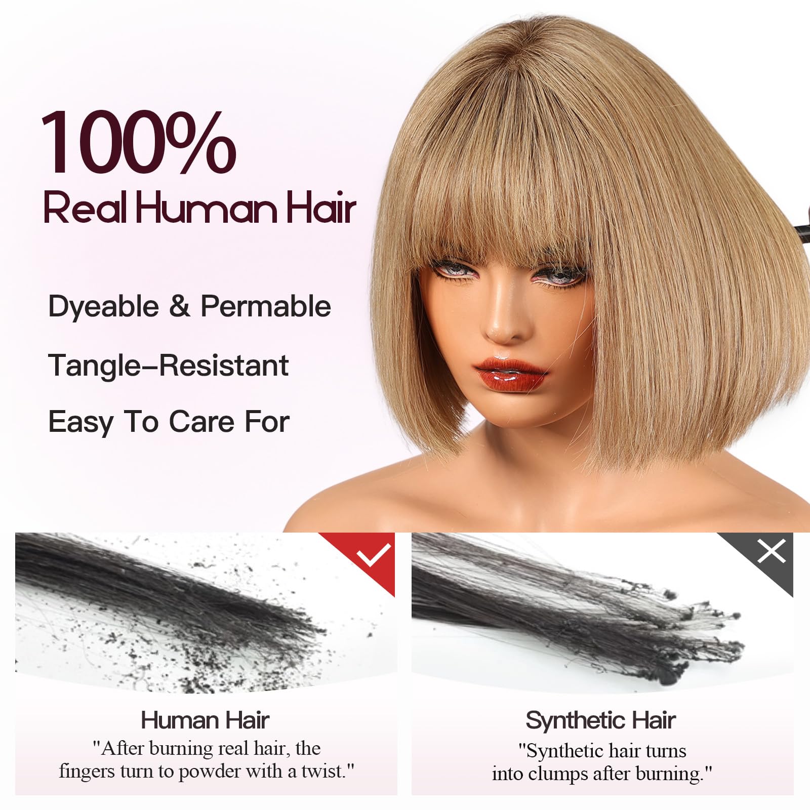 100% Human Hair Shoulder Length Bob Wig with Bangs, Breathable Cap, Daily Wear AWEE Black Short Bob Wig with Bangs - 10 Inch Natural  main image 4