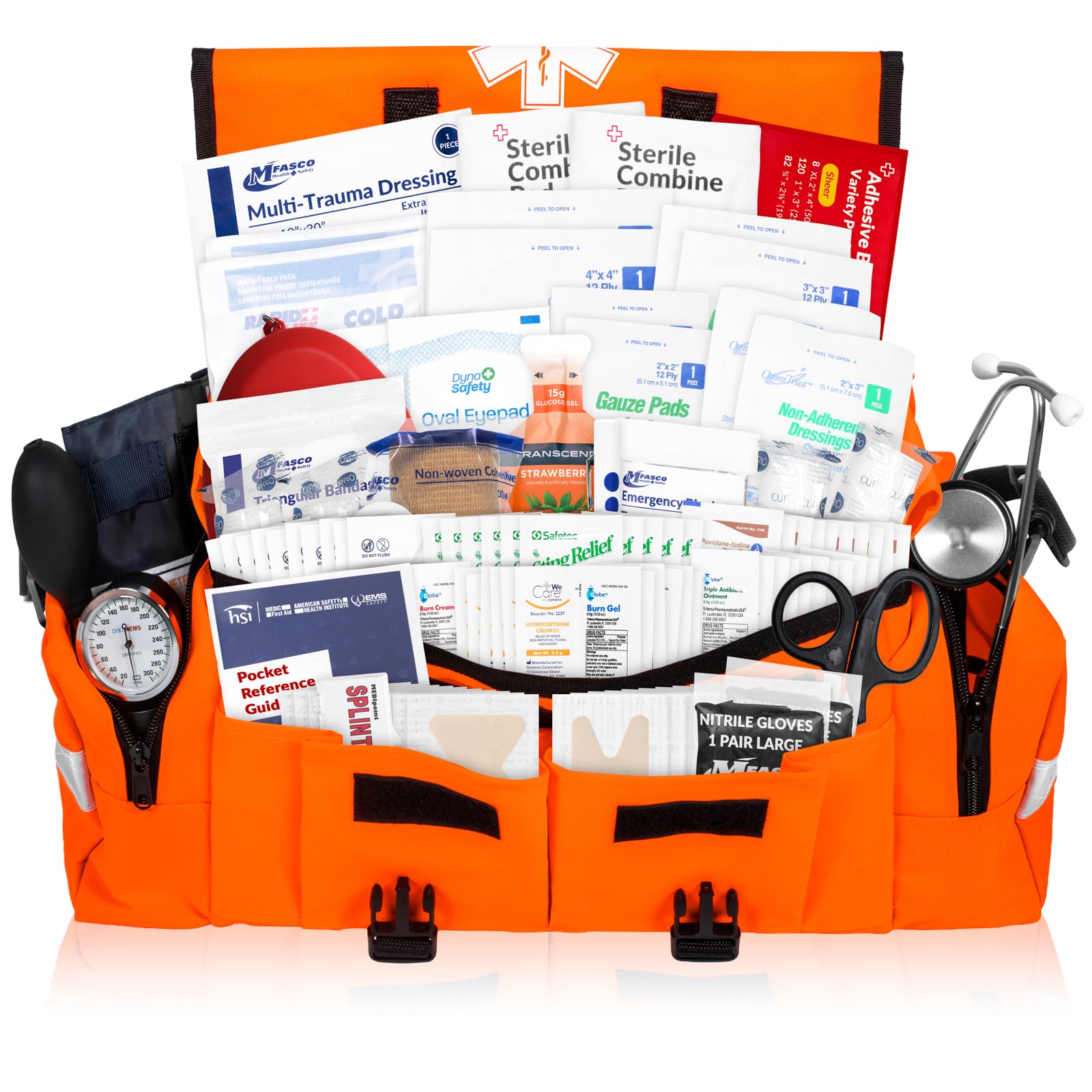 MFASCO Complete Emergency Response First Aid Kit Trauma Bag - 415 Piece Fully Stocked Supplies for Disaster Preparedness | For Business, Schools, Organizations, Groups, Home Safety (Reflective Orange)